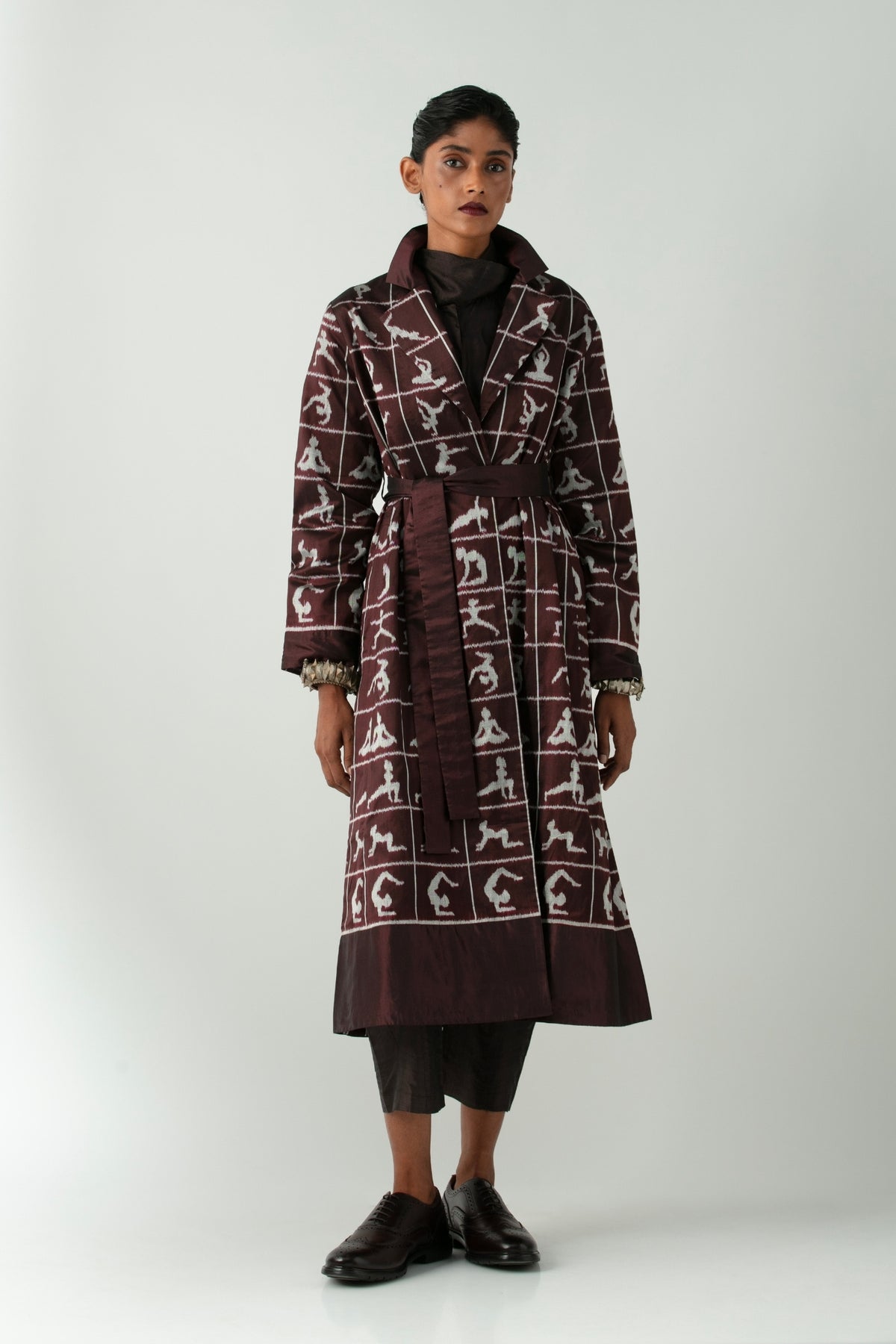 BOITO - Burgundy Ikat Silk Overcoat with Yoga Motifs, buy at DOORS NYC