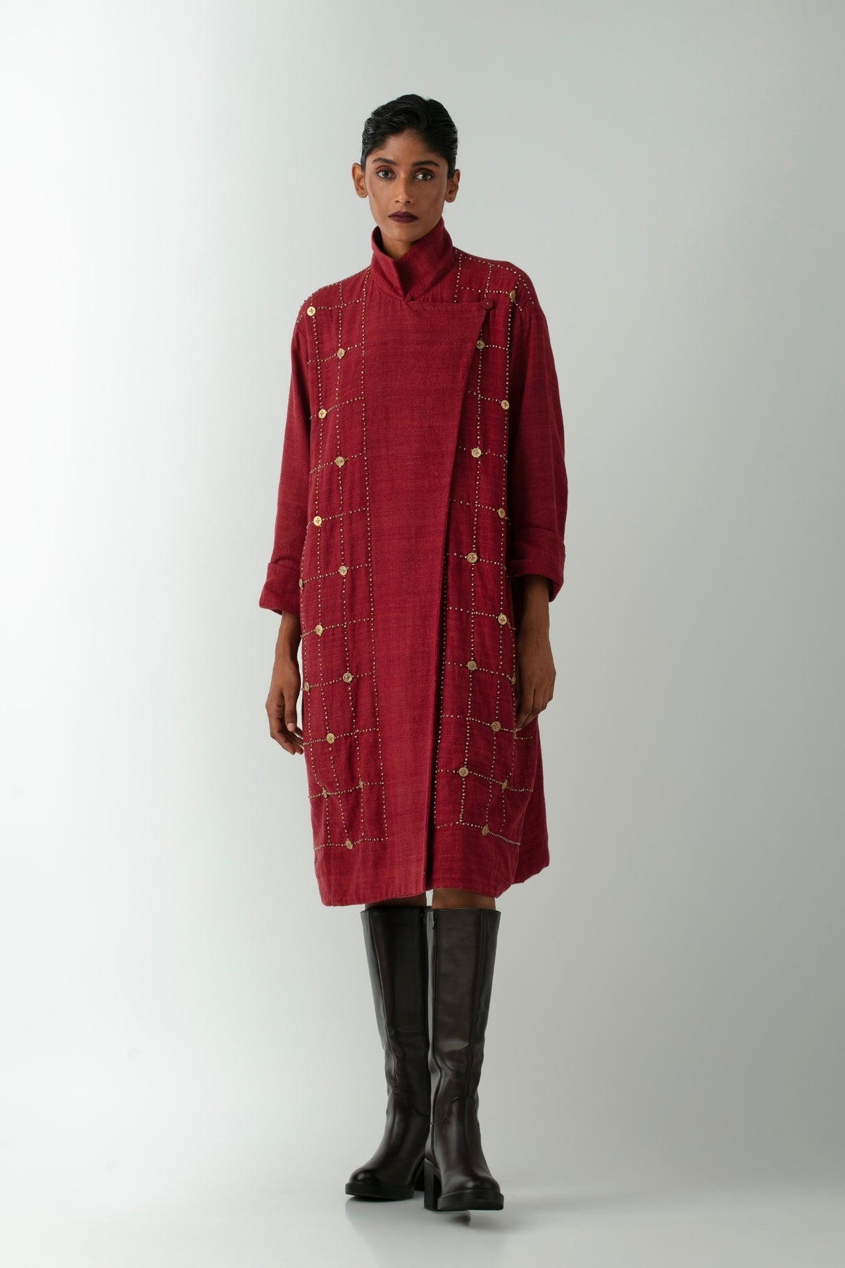 BOITO - Red Kotpad Overcoat with Hand-Embroidered Dhokra Beads, buy at DOORS NYC