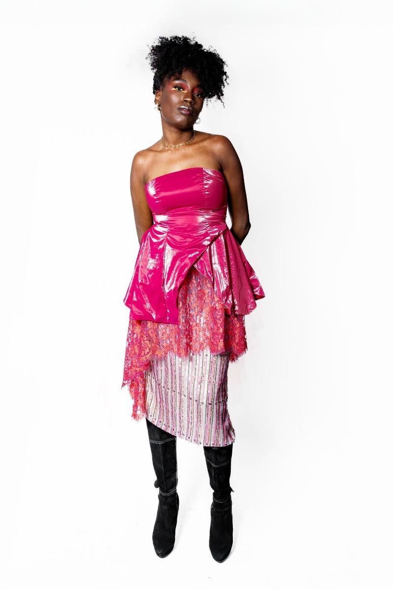 OTKUTYR - Strapless Fuchsia Faux Leather Mini Dress with Lace Hem, buy at DOORS NYC