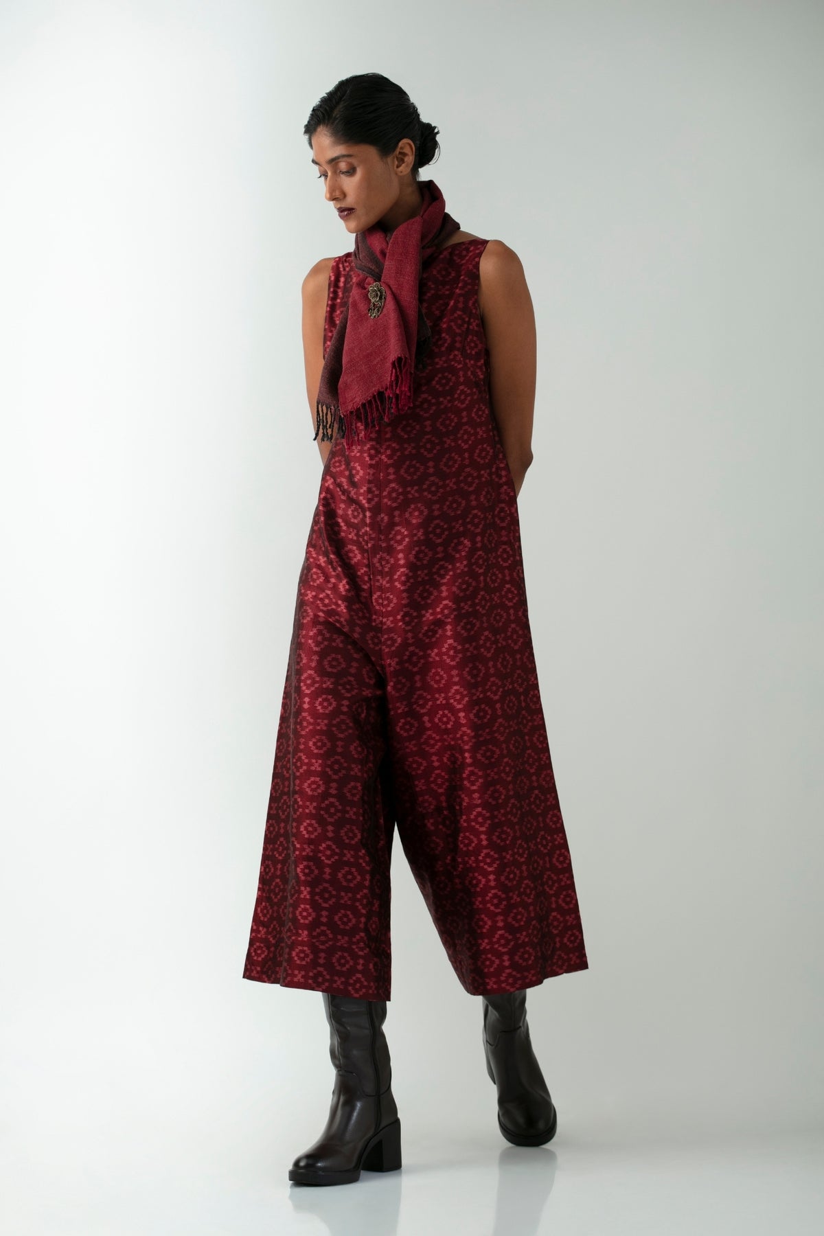 BOITO - Maroon Ikat Silk Boatneck Jumpsuit with Pasa Motif, buy at DOORS NYC