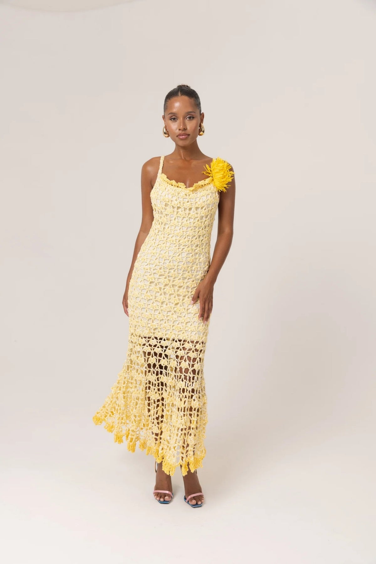 ANDREEVA - Butter Yellow Chrysanthemum Midi Handmade Crochet Dress, buy at DOORS NYC