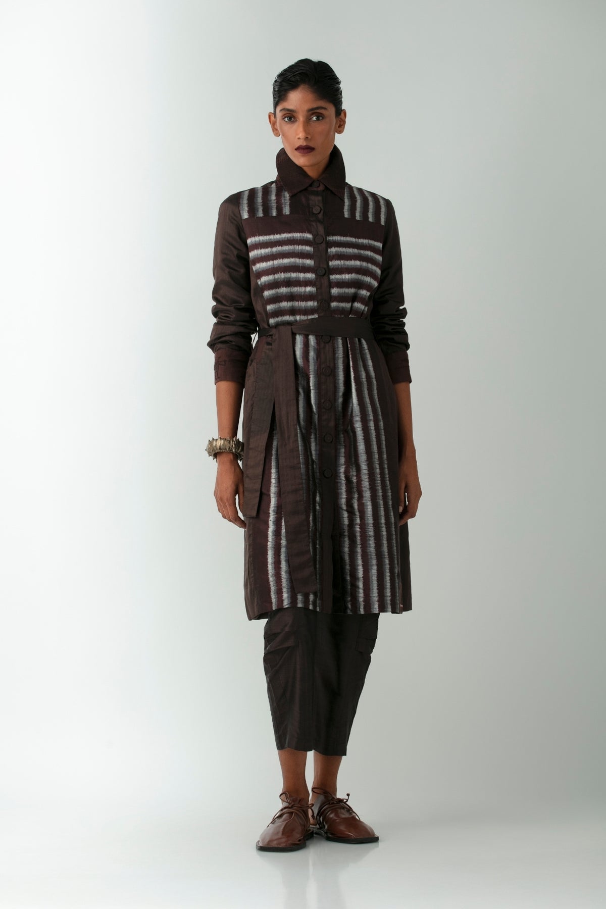 BOITO - Coffee Brown Ikat Silk Overcoat with Silver Stripes, buy at DOORS NYC