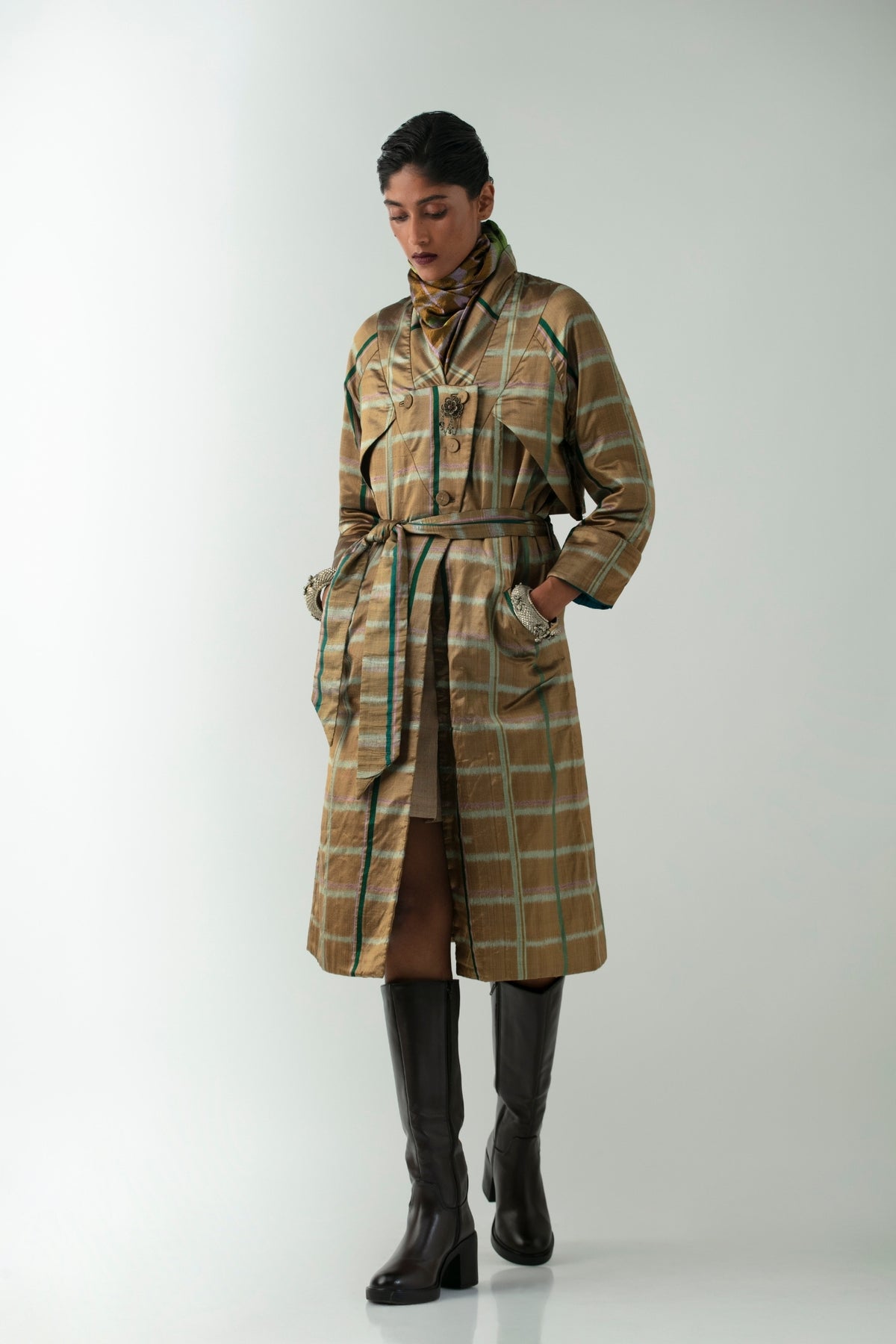 BOITO - Gold Chequered Ikat Silk Trench Coat, buy at DOORS NYC