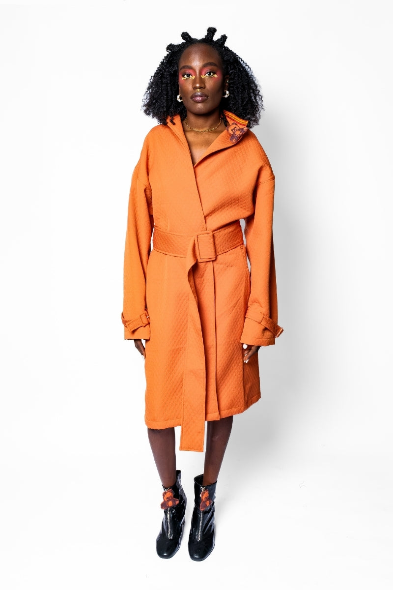 OTKUTYR - Tangerine Quilted Belted Coat with Asian Collar, buy at DOORS NYC