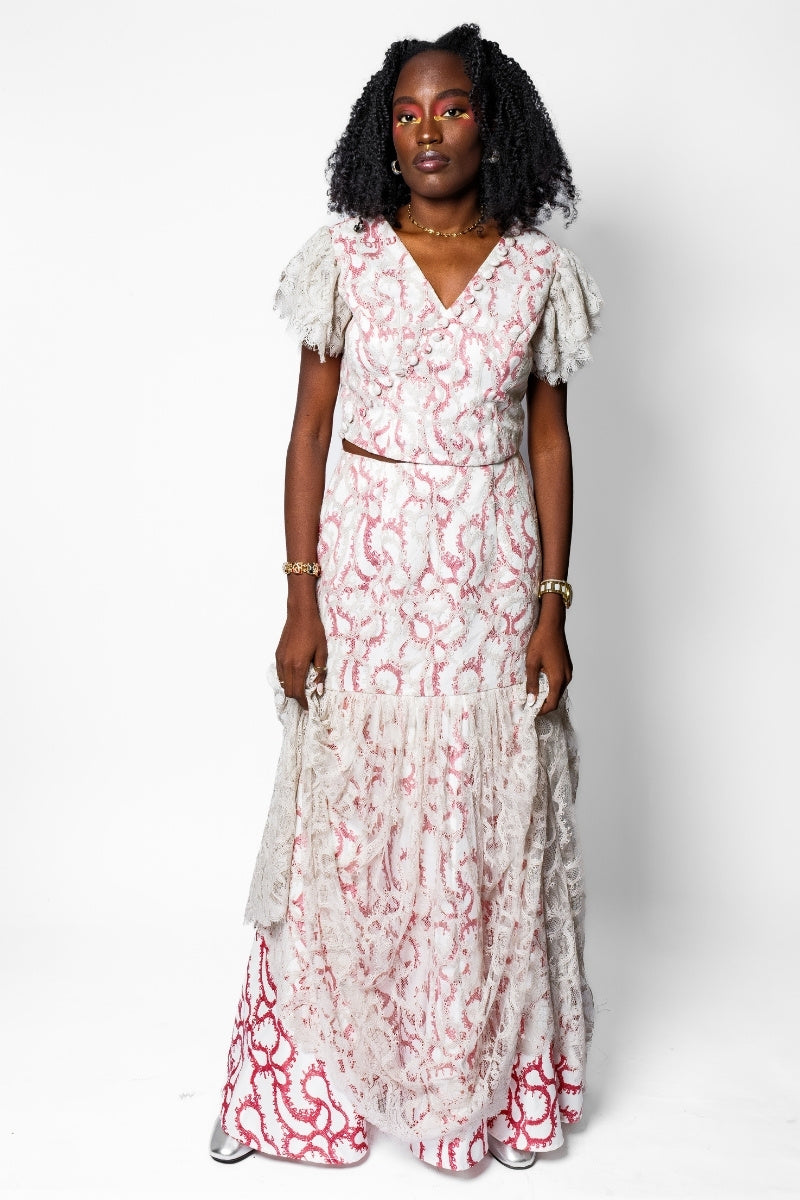 OTKUTYR - Lace Fitted V-Neck Top with Puff Sleeves, buy at DOORS NYC