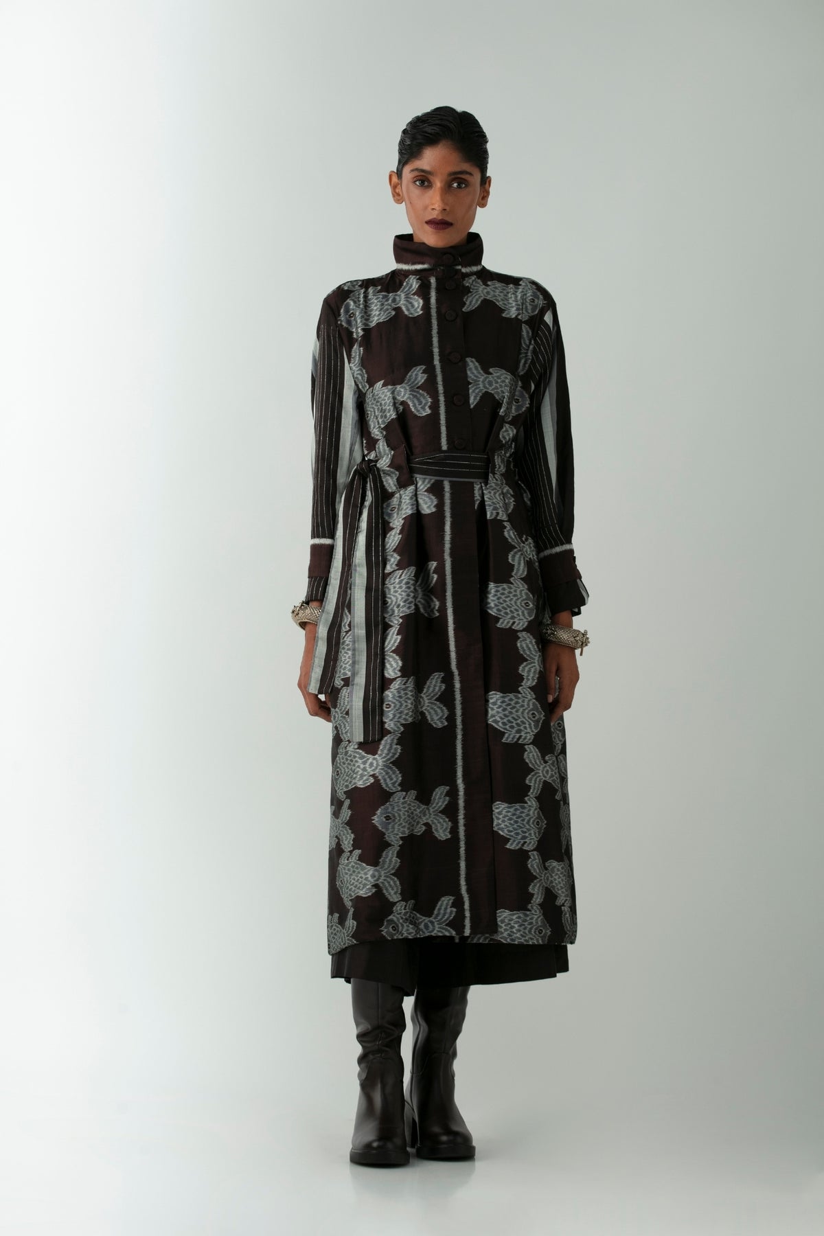 BOITO - Black Ikat Silk Coat with Silver Fish Motifs, buy at DOORS NYC