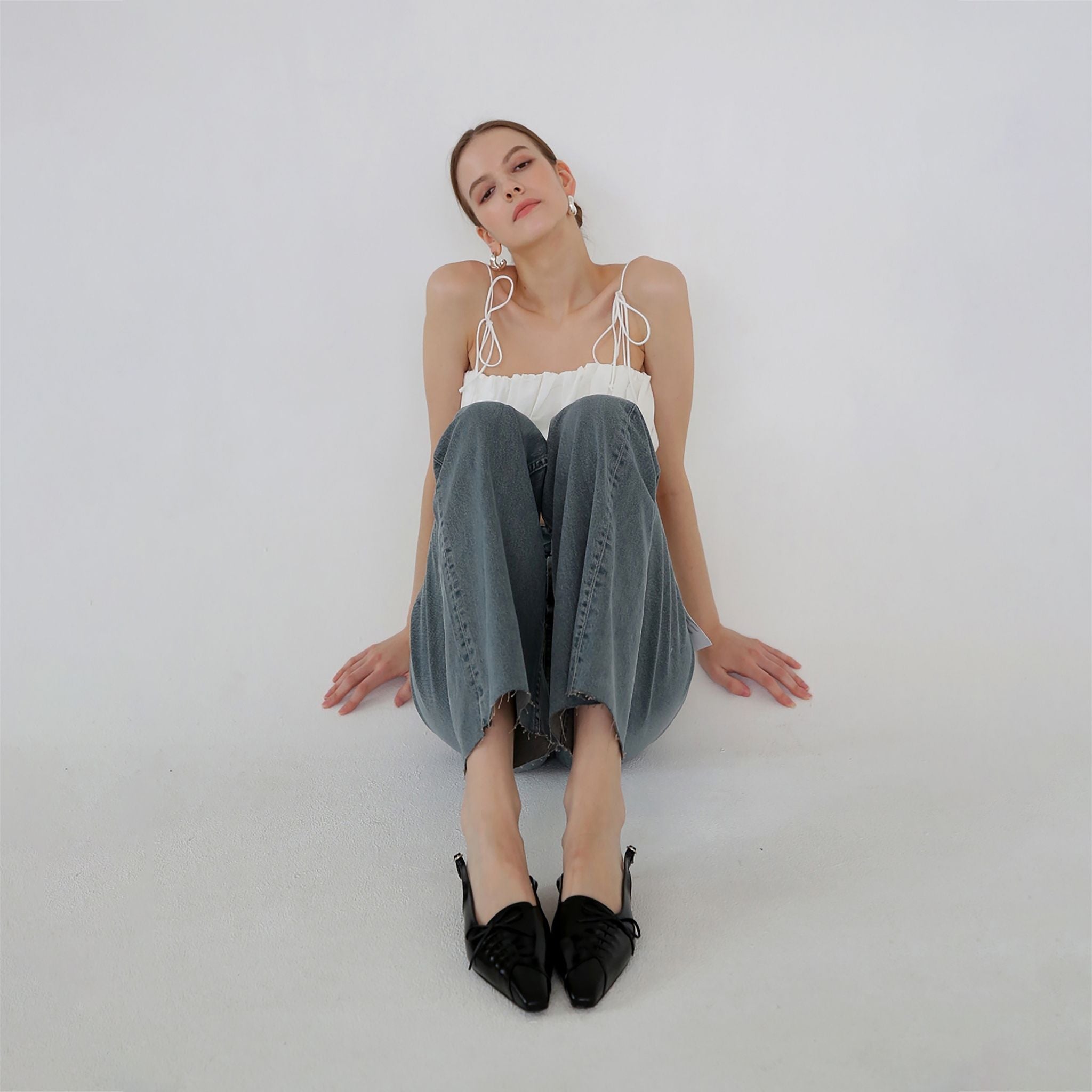 Black Leather Lace-Up Slingback Flats