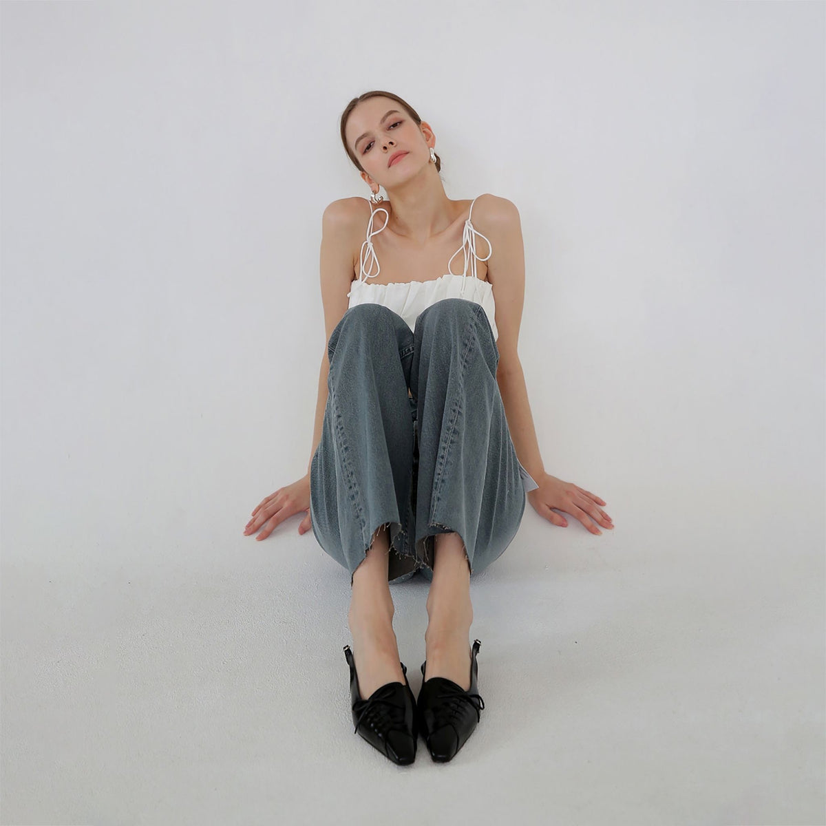 Black Leather Lace-Up Slingback Flats