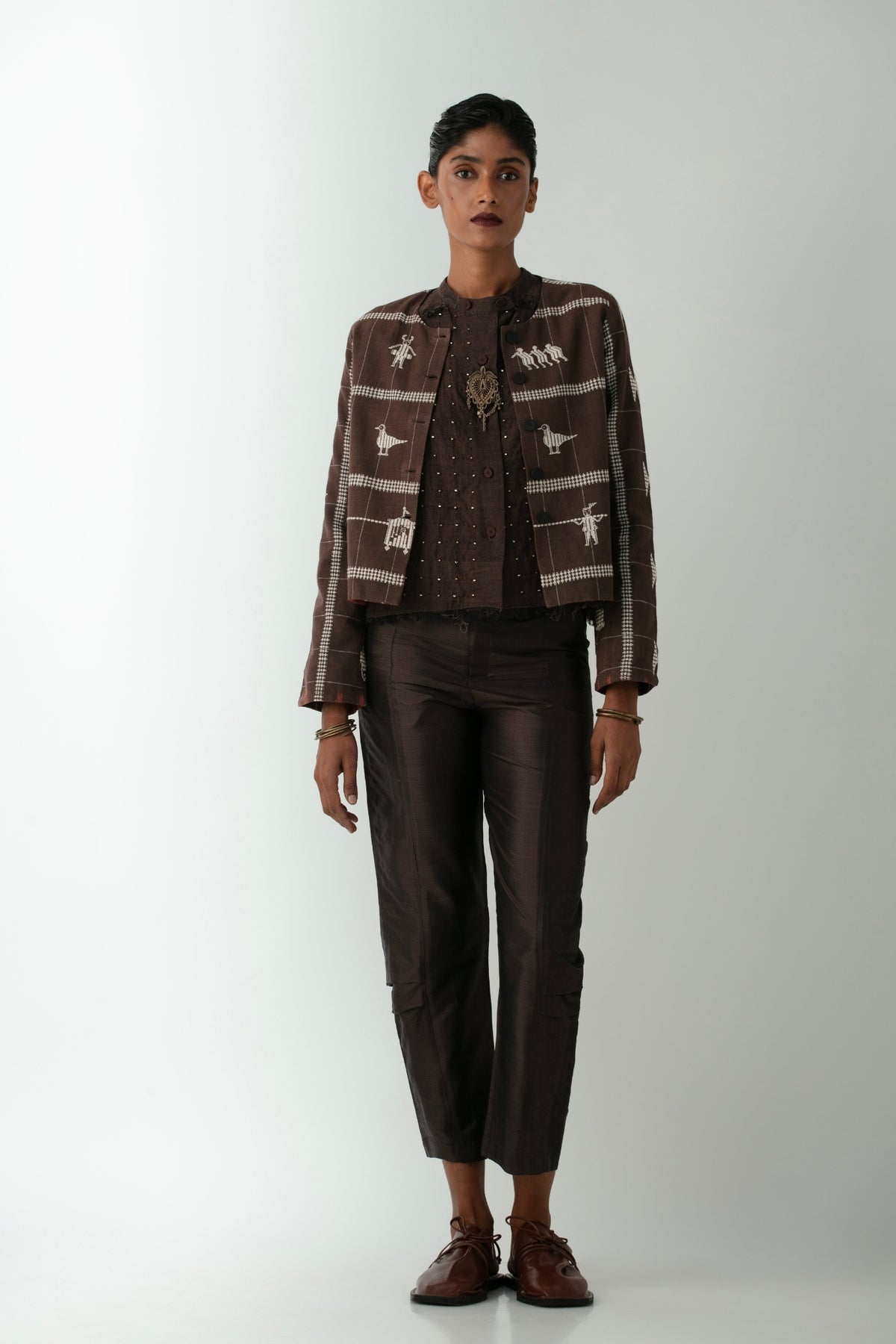 BOITO - Chocolate Brown Kotpad Short Jacket with Extra-Weft Motifs, buy at DOORS NYC