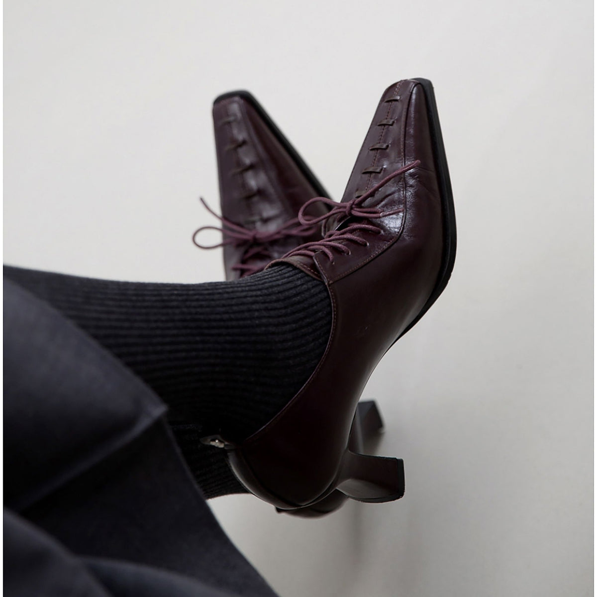 Burgundy Leather 
Lace-Up Heeled Pumps