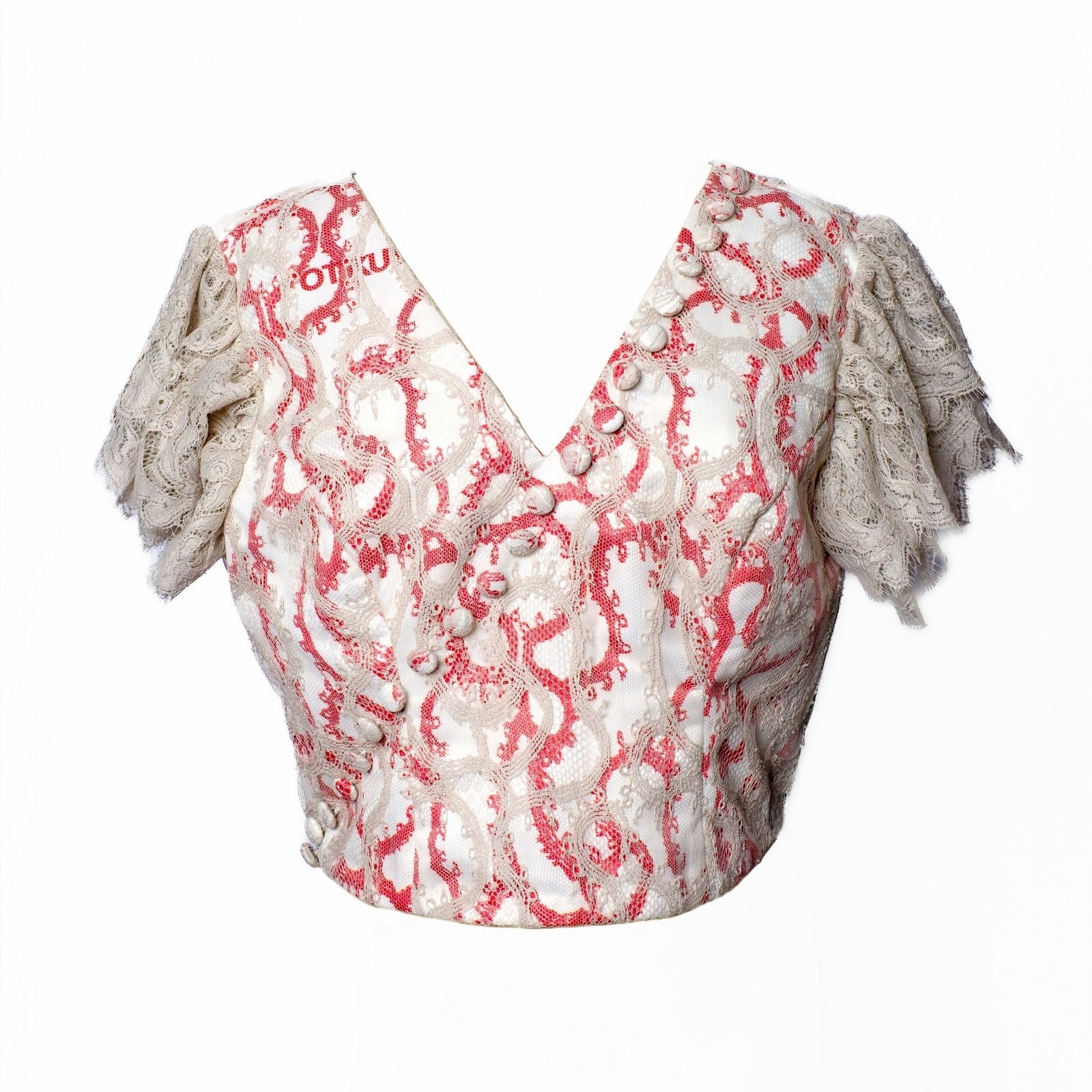 OTKUTYR - Lace Fitted V-Neck Top with Puff Sleeves, buy at DOORS NYC