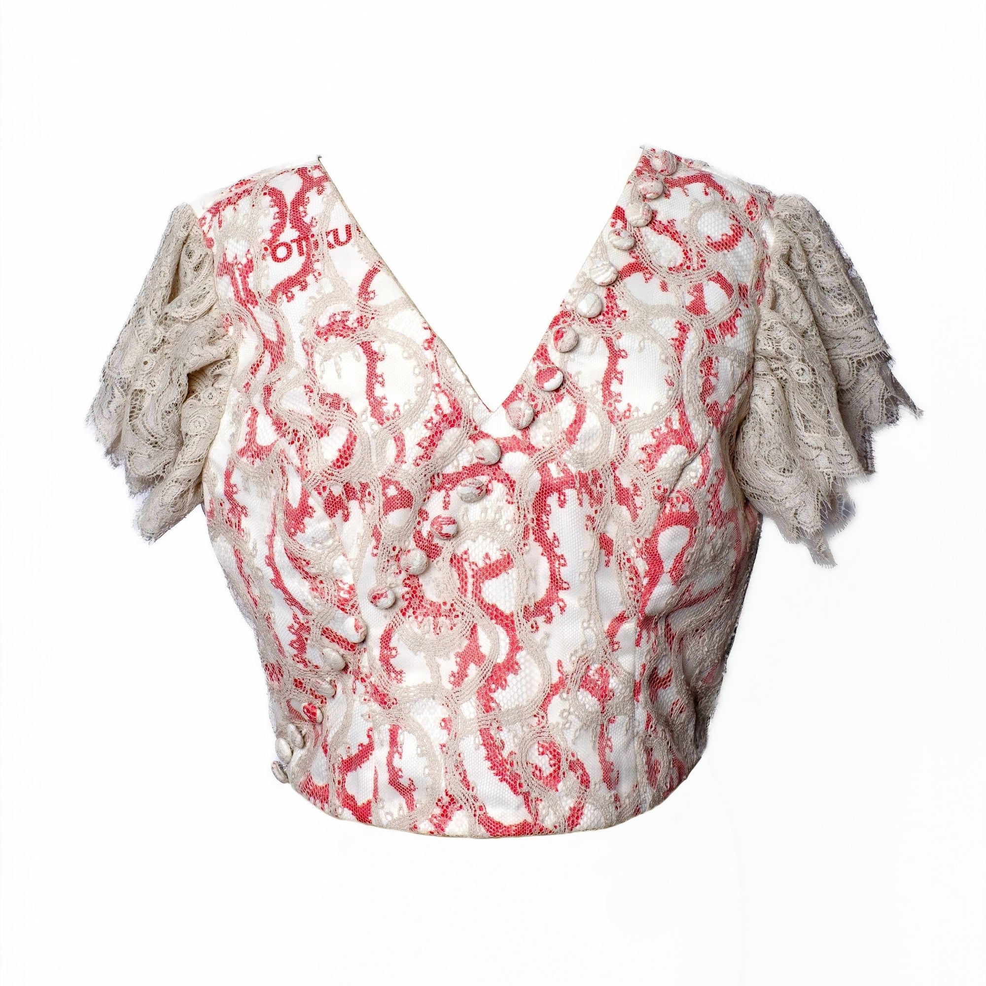 OTKUTYR - Lace Fitted V-Neck Top with Puff Sleeves, buy at DOORS NYC