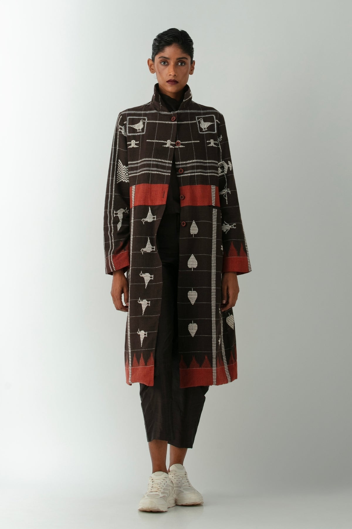 BOITO - Brown Kotpad Handloom Jacket with Temple and Nature Motifs, buy at DOORS NYC