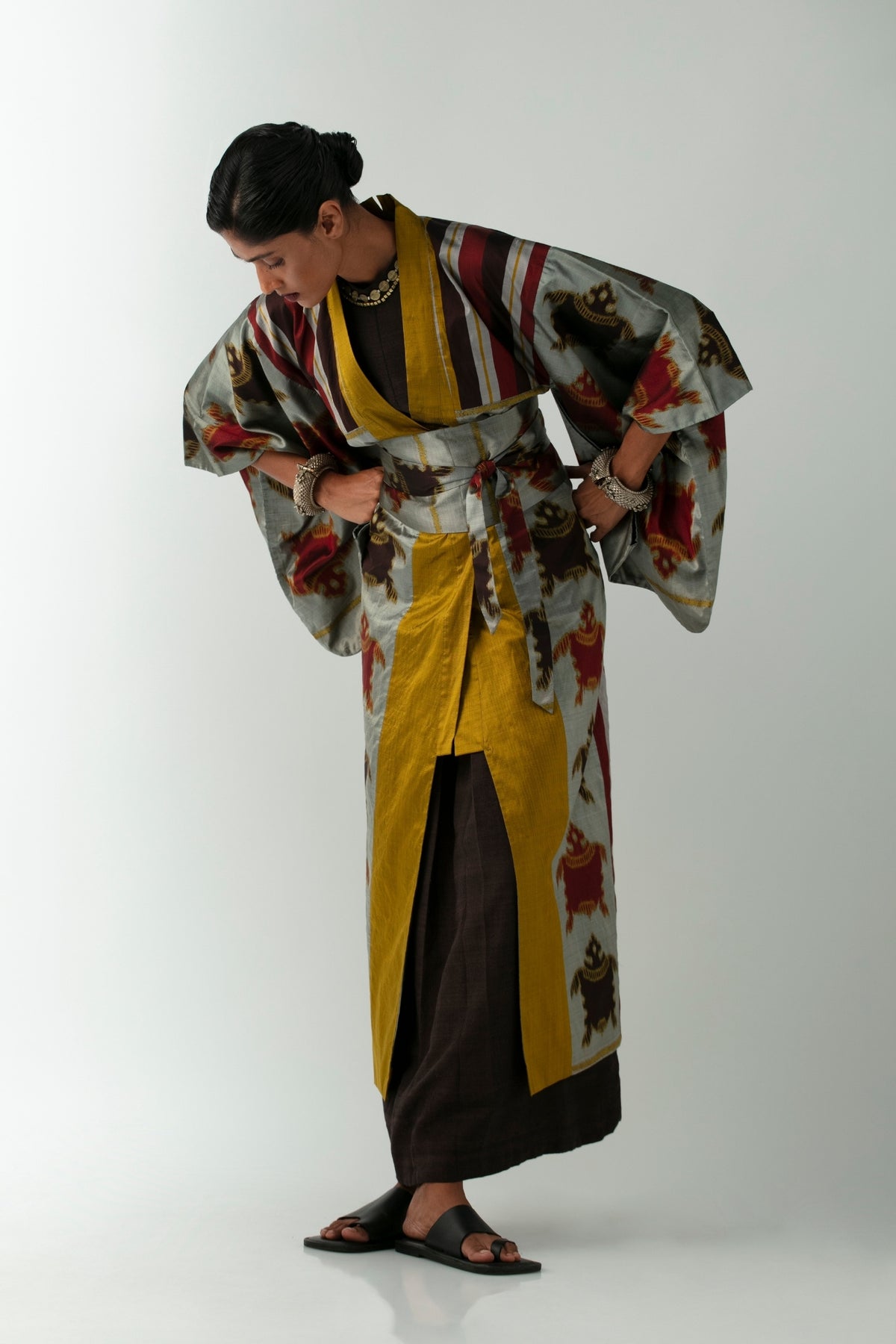 BOITO - Silver Ikat Silk Kimono with Sea Turtle Motif, buy at DOORS NYC