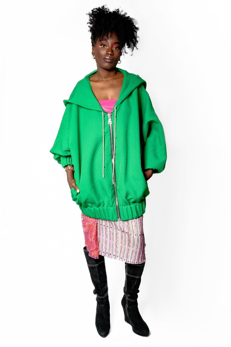 OTKUTYR - Green Quilted Oversized Hoodie with Crystal Drawstrings, buy at DOORS NYC