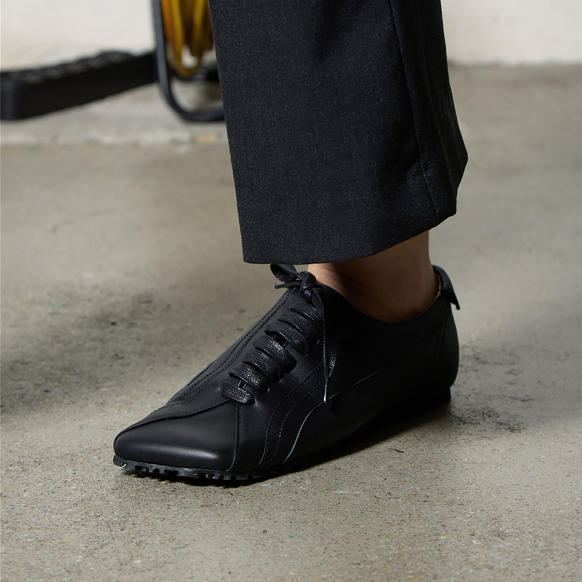 Black Matte Leather Diagonal Design Sneakers