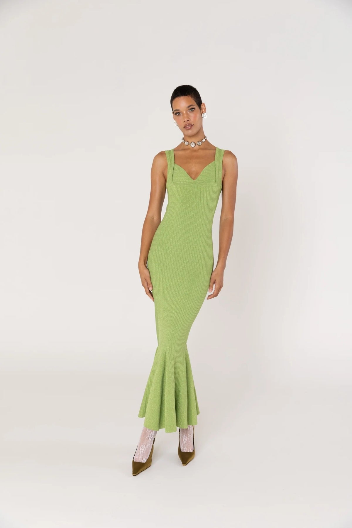 ANDREEVA - Apple Green Metallic Knit Maxi Dress, buy at DOORS NYC