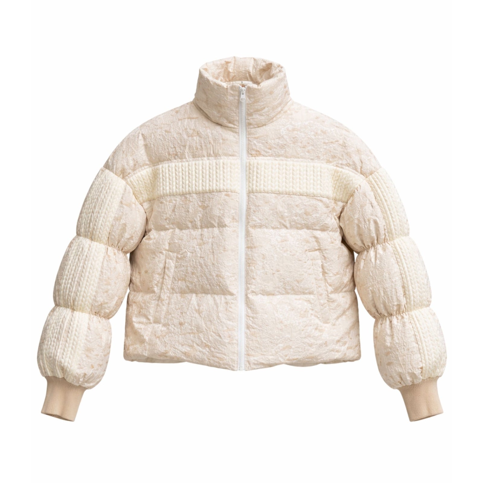 White Sculptural STREAM Puffer Jacket with Ribbed Sleeves | PR Sample