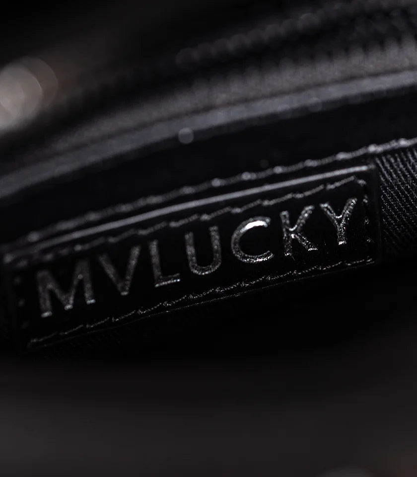 MVLUCKY - Black Vegan Leather Studded Glam Bag With Removable Straps, buy at DOORS NYC