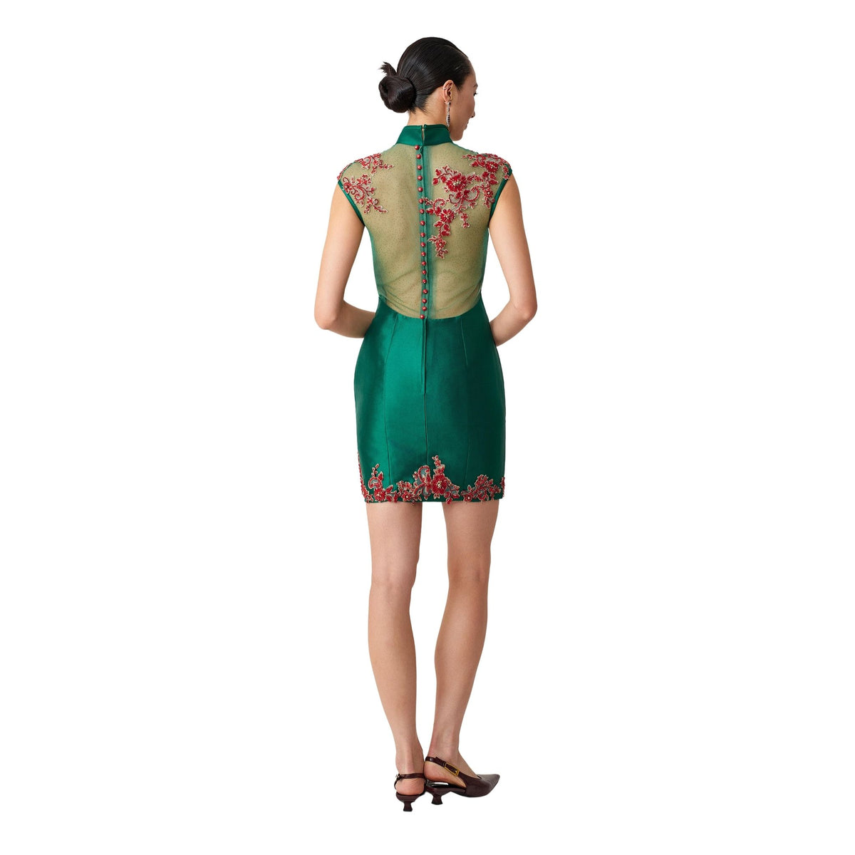 Green Beaded Rose Short Qipao
