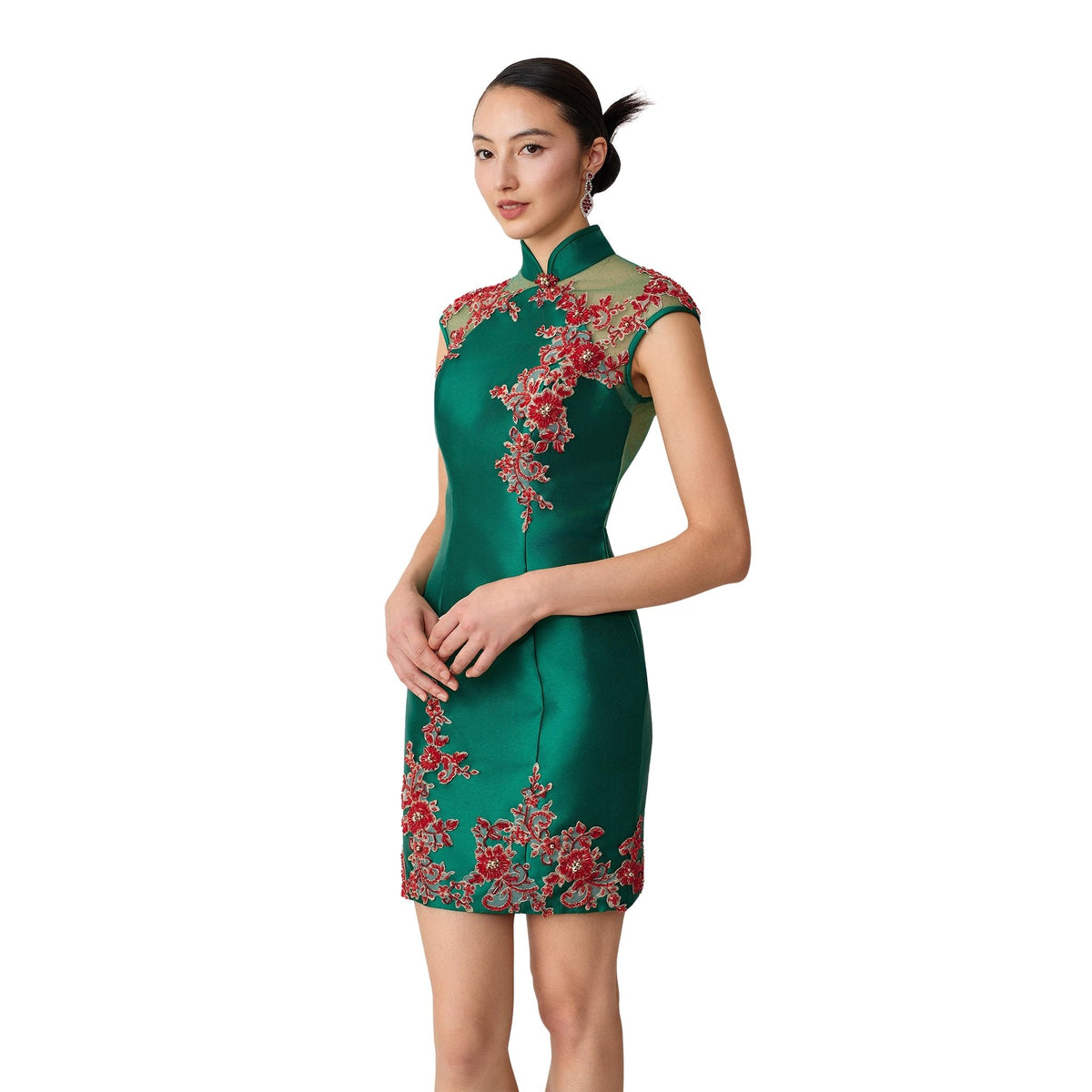 Green Beaded Rose Short Qipao