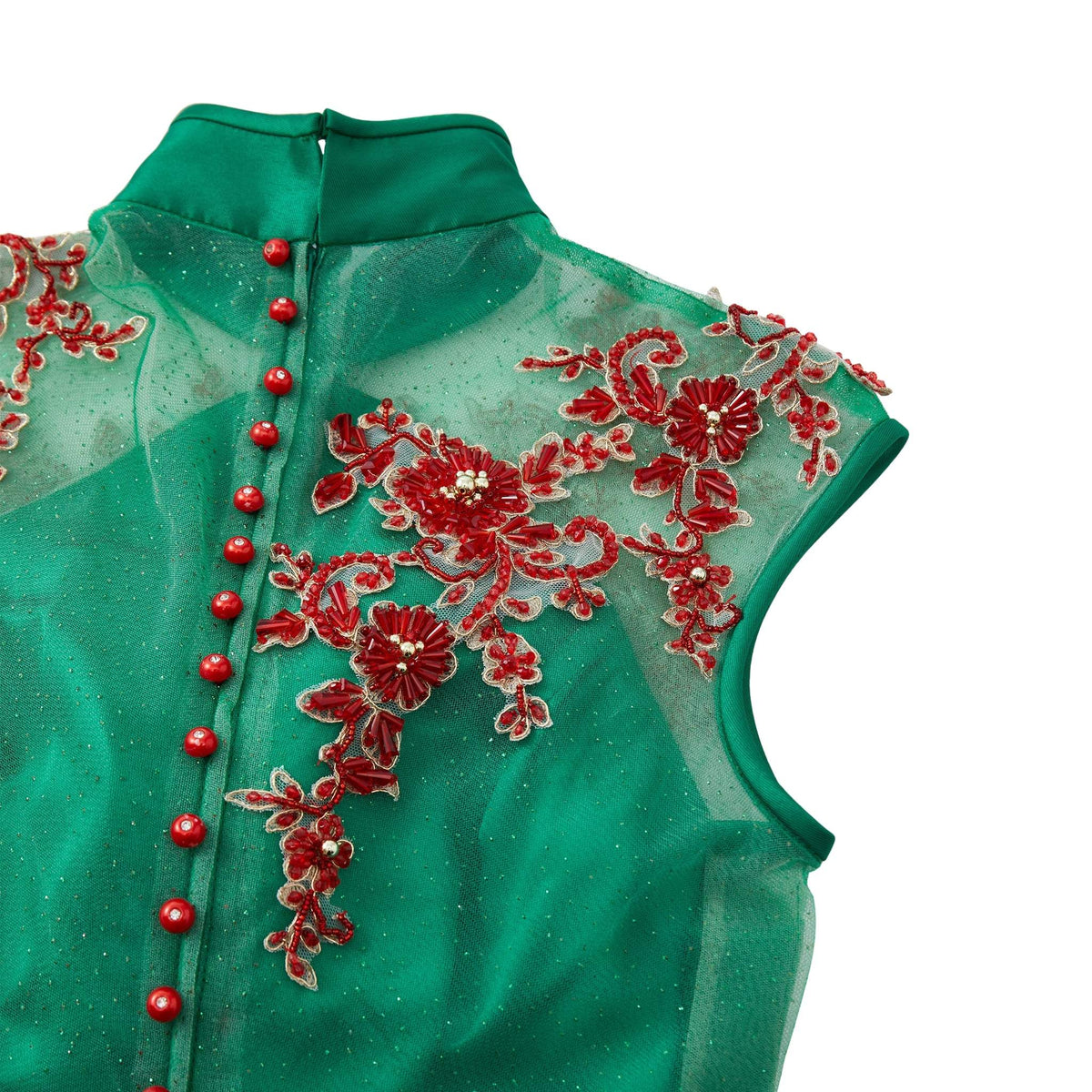 Green Beaded Rose Short Qipao
