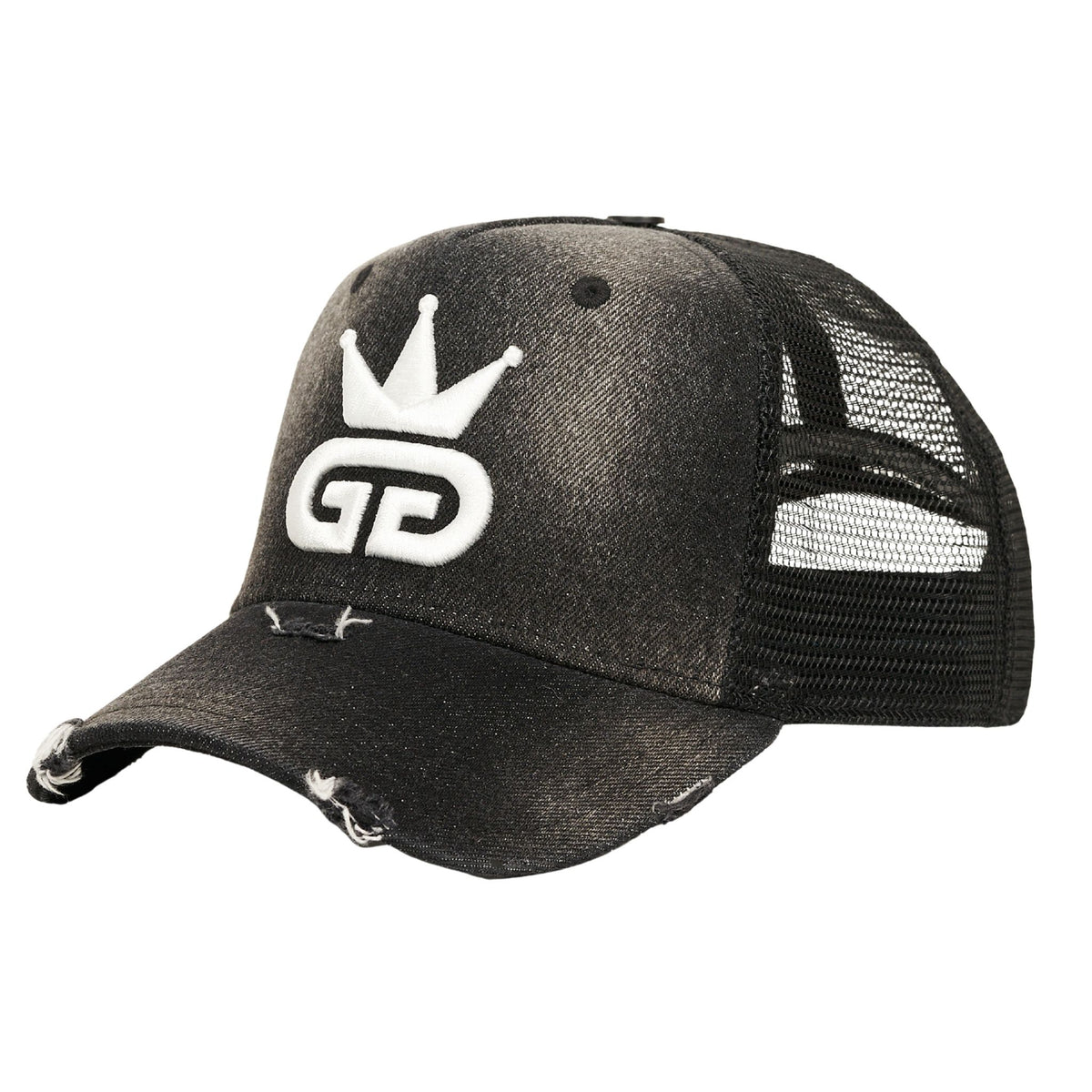 Acid Wash Distressed Black Denim Mesh Hat