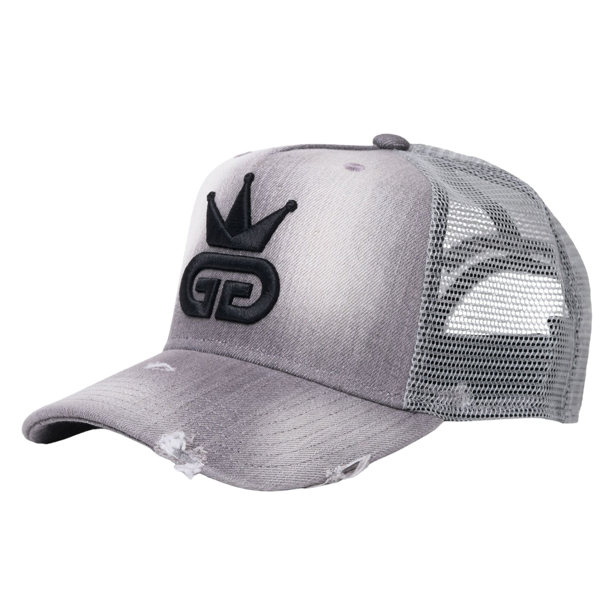 Acid Wash Distressed Grey Denim Mesh Hat