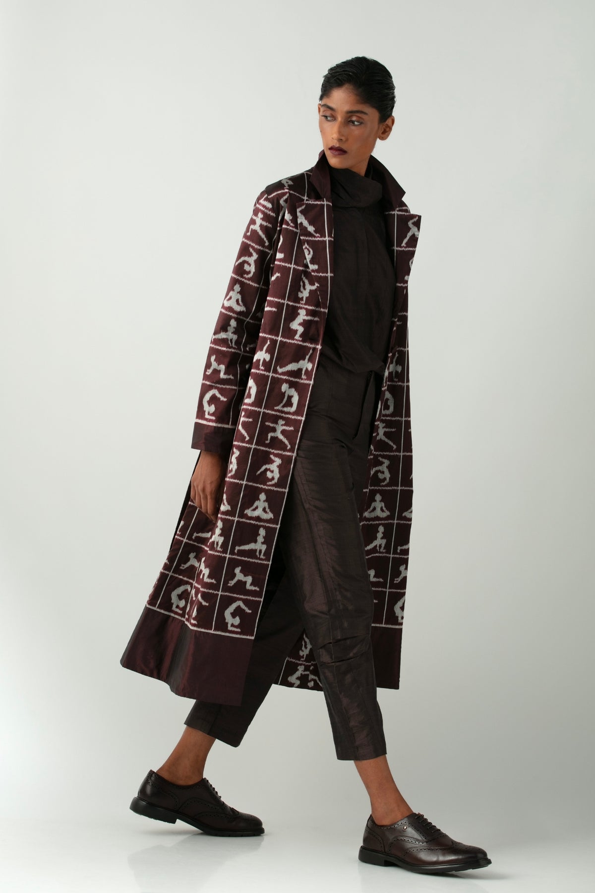 BOITO - Burgundy Ikat Silk Overcoat with Yoga Motifs, buy at DOORS NYC