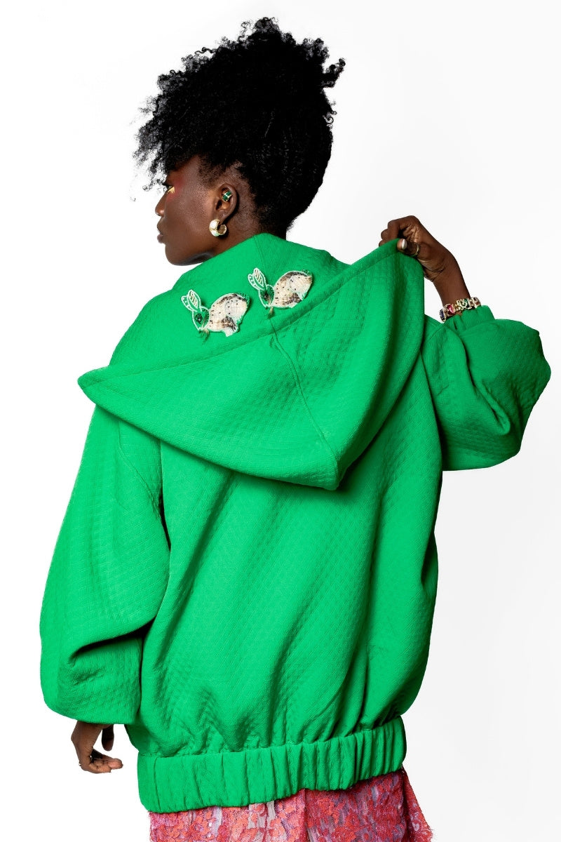 OTKUTYR - Green Quilted Oversized Hoodie with Crystal Drawstrings, buy at DOORS NYC