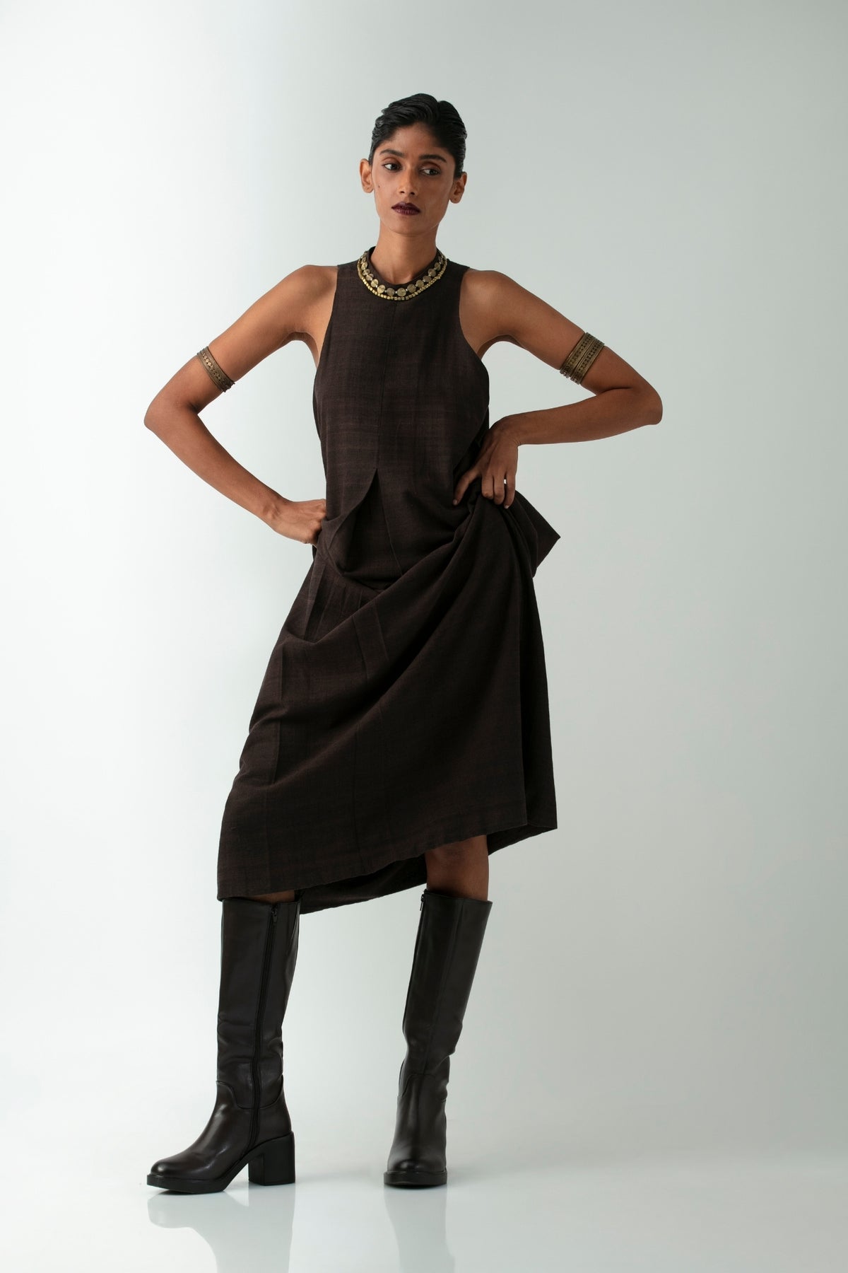 BOITO - Chocolate Brown Kotpad Halter Dress with Dhokra Beads, buy at DOORS NYC