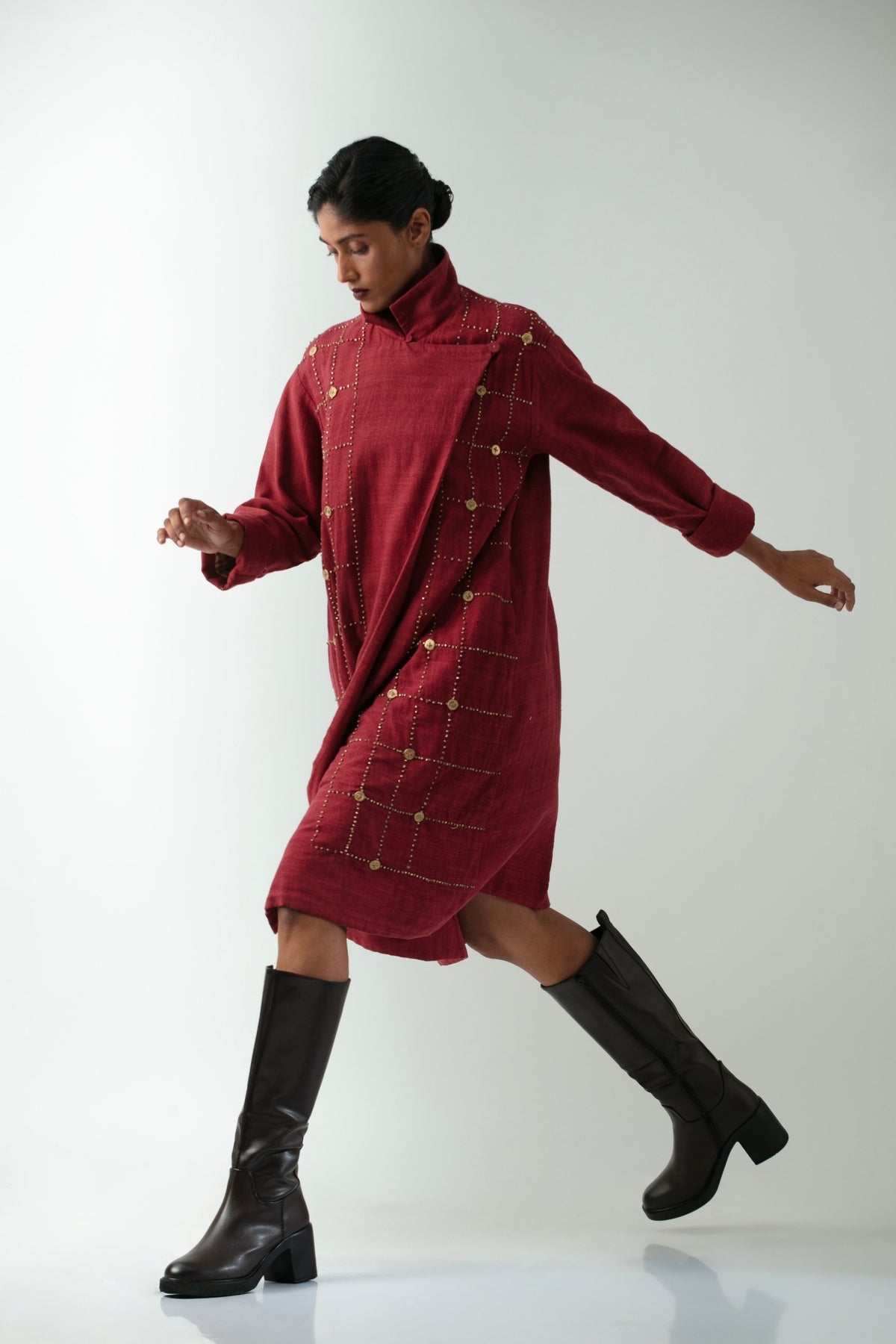 BOITO - Red Kotpad Overcoat with Hand-Embroidered Dhokra Beads, buy at DOORS NYC