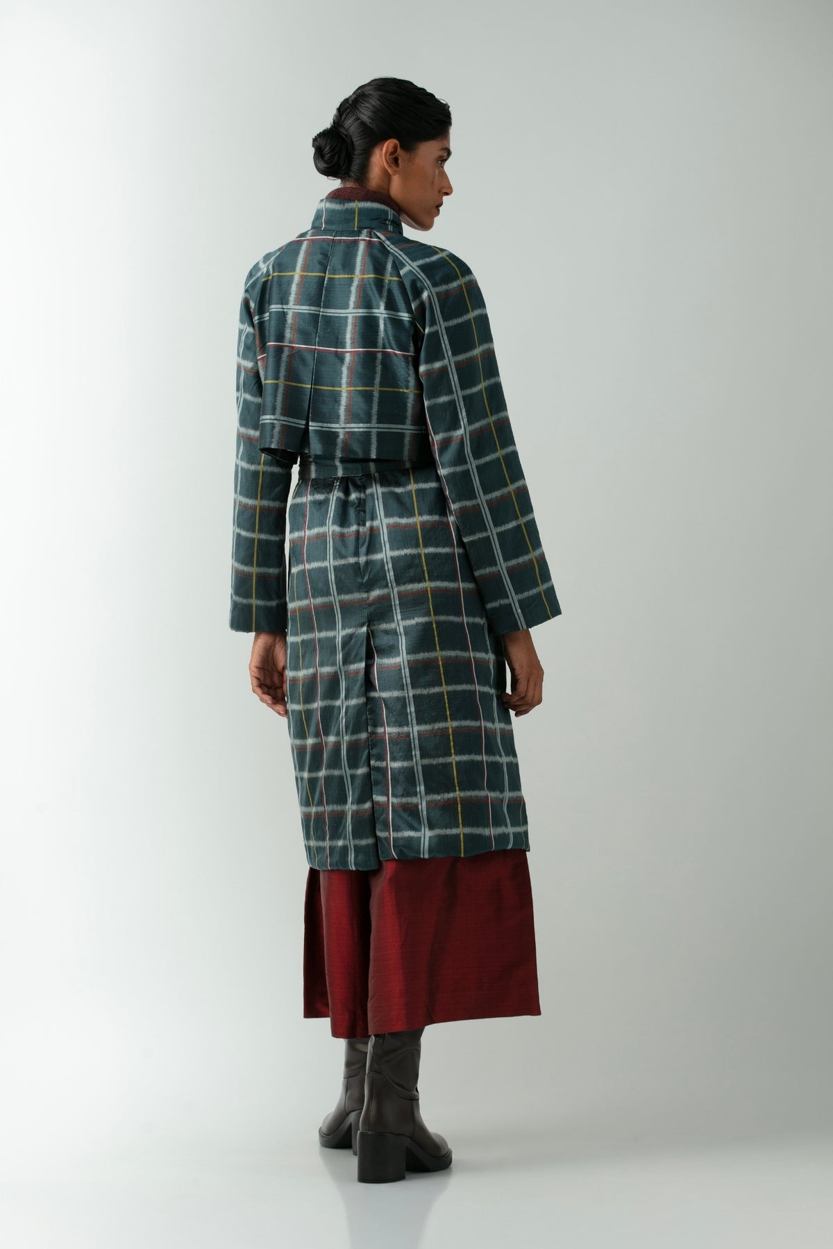 BOITO - Indigo Chequered Ikat Silk Trench Coat, buy at DOORS NYC