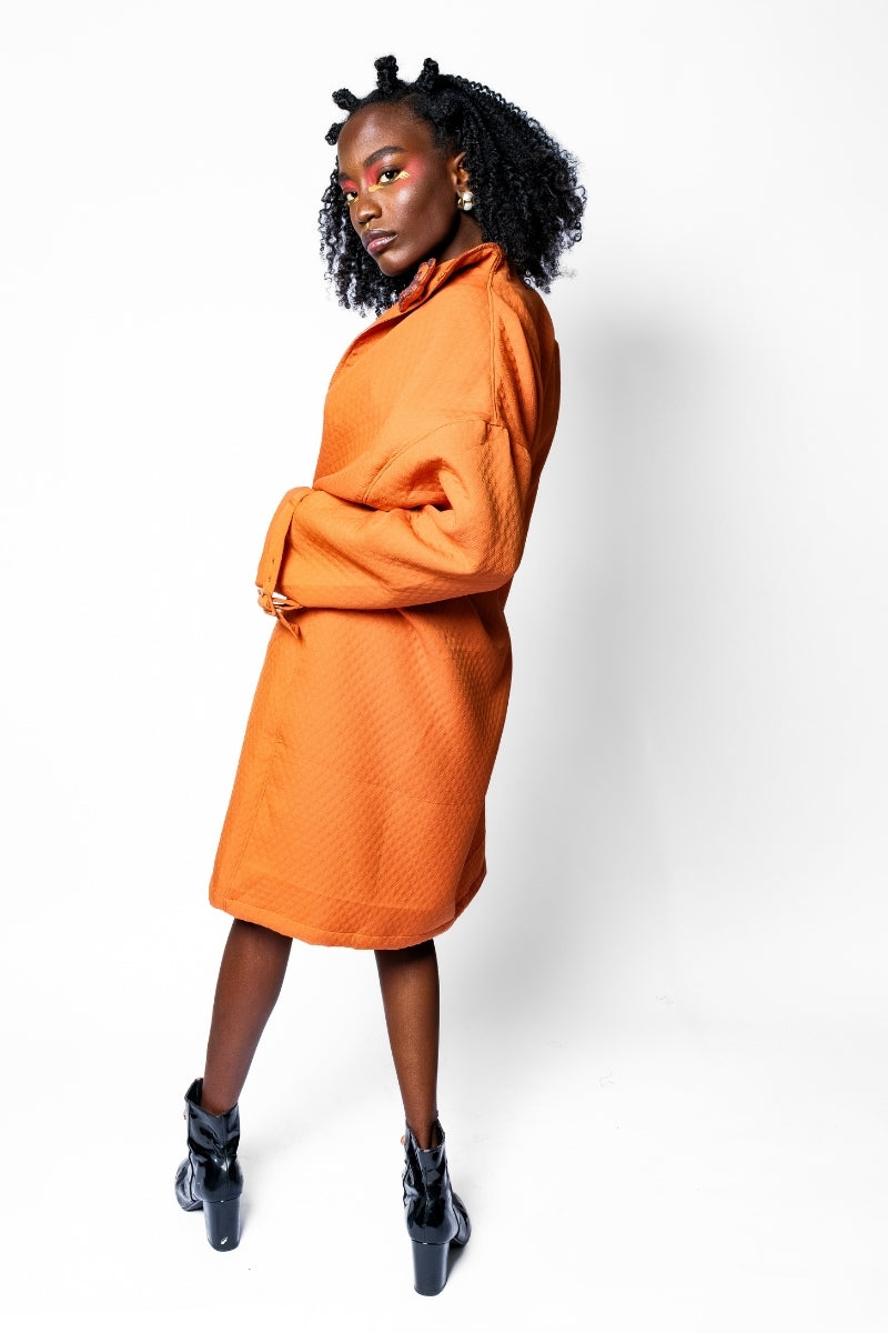 OTKUTYR - Tangerine Quilted Belted Coat with Asian Collar, buy at DOORS NYC