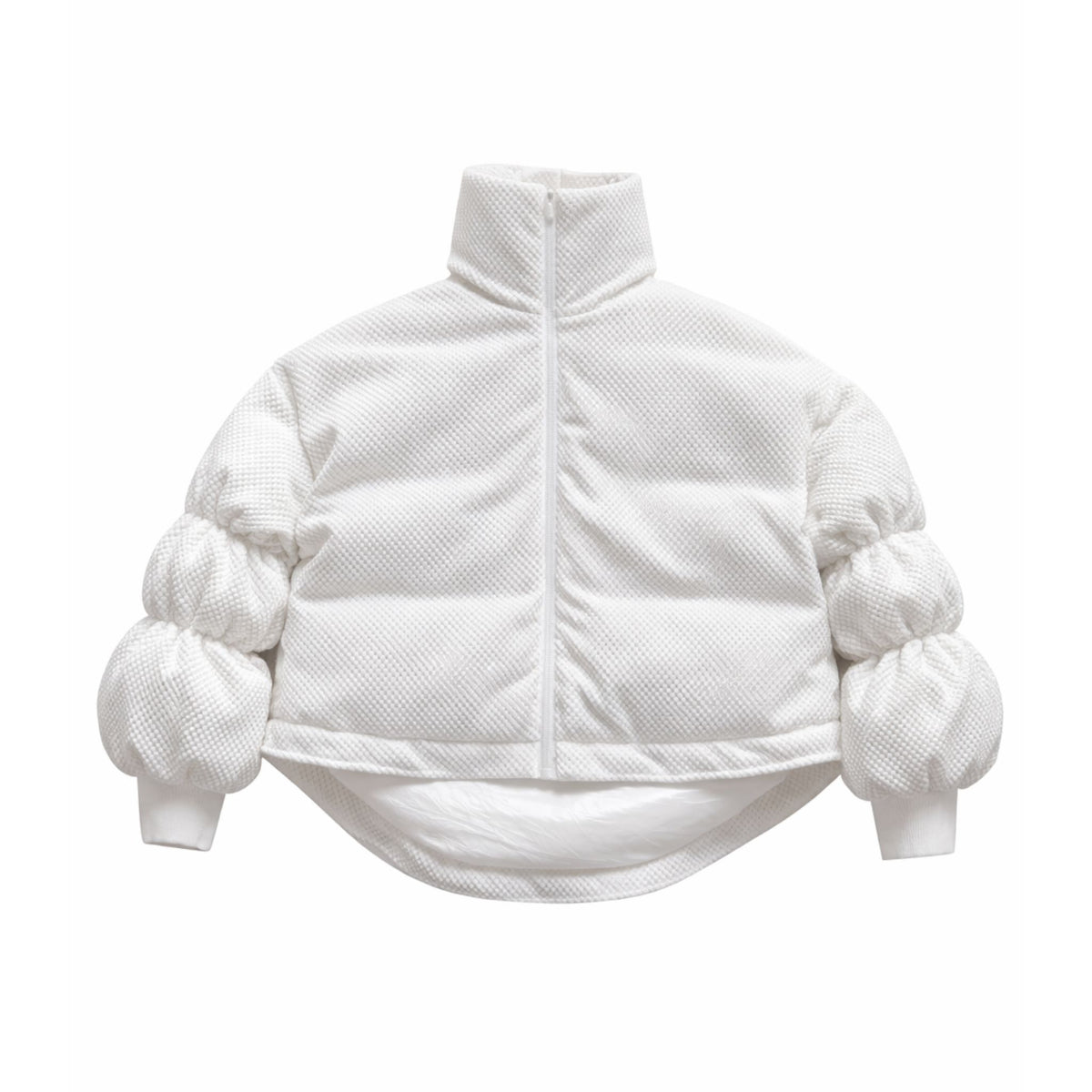 White Sculptural Puffer Jacket ANCHOR in Textured Tech Fabric | PR Sample