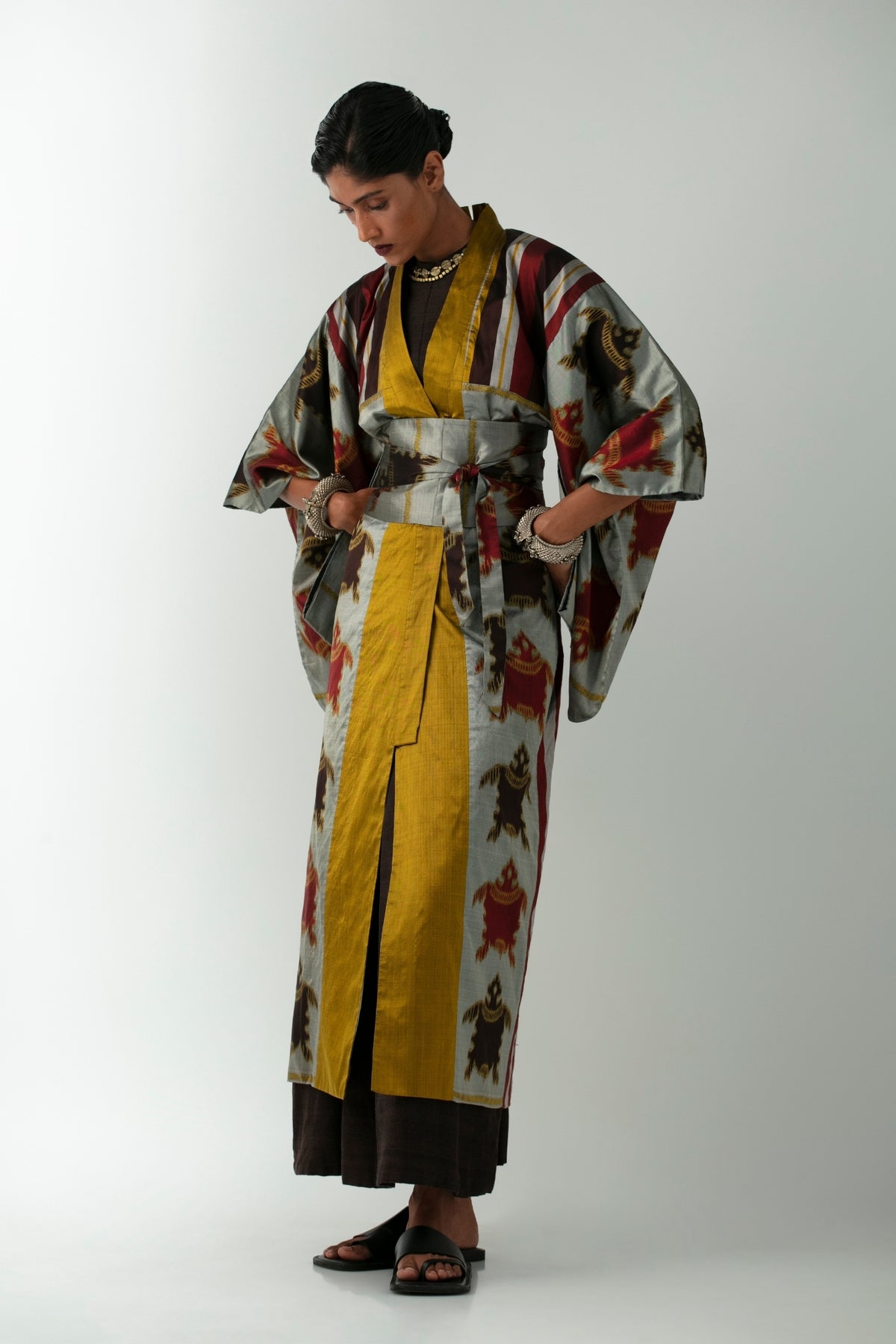 BOITO - Silver Ikat Silk Kimono with Sea Turtle Motif, buy at DOORS NYC