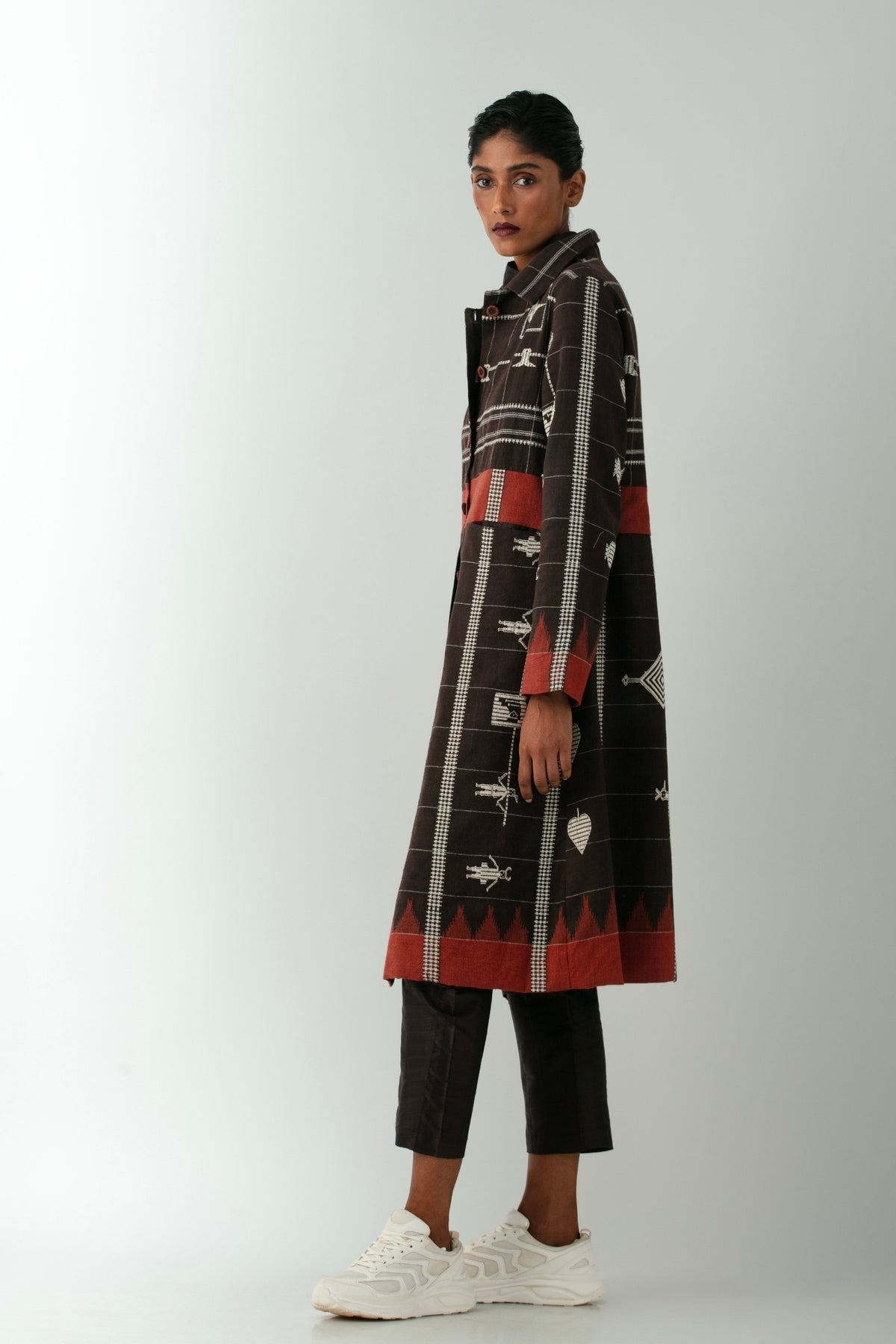 BOITO - Brown Kotpad Handloom Jacket with Temple and Nature Motifs, buy at DOORS NYC
