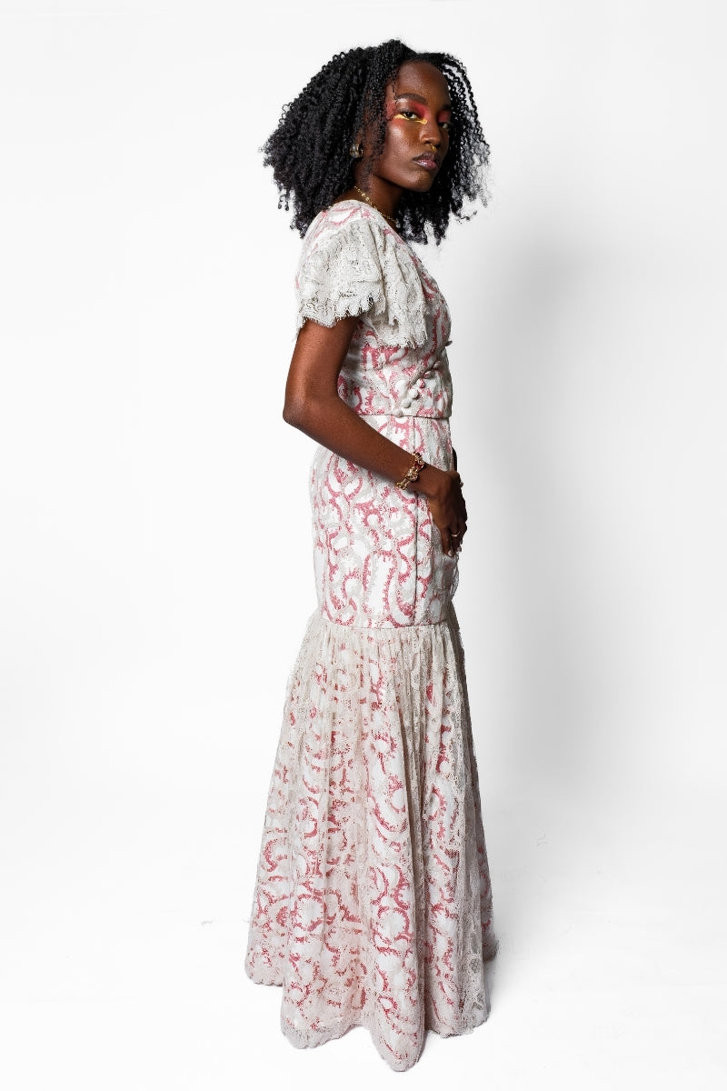 OTKUTYR - Lace Fitted V-Neck Top with Puff Sleeves, buy at DOORS NYC