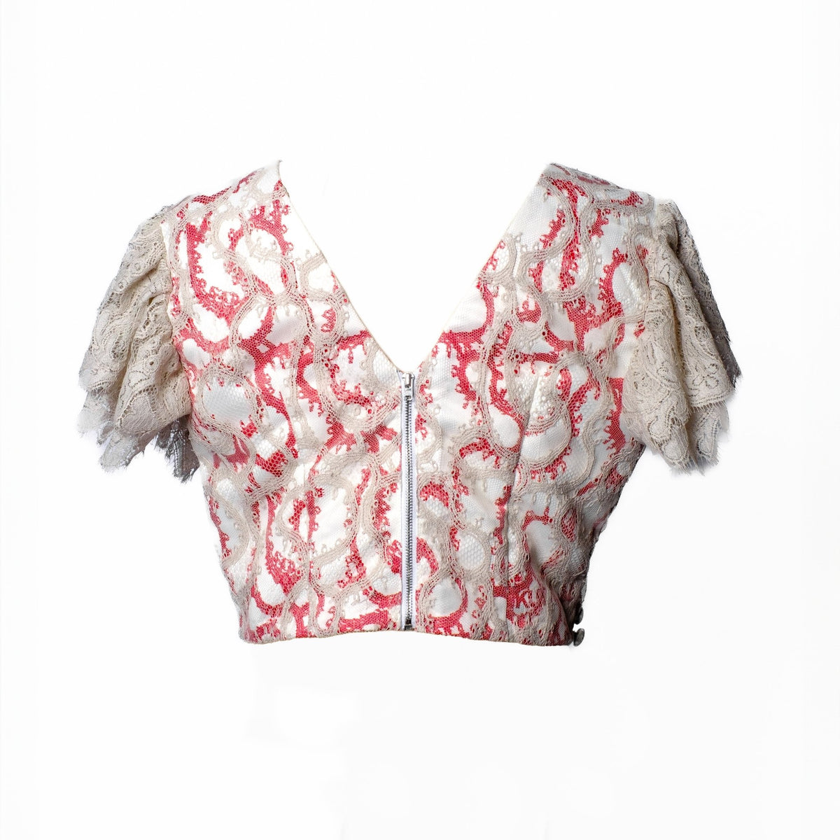 OTKUTYR - Lace Fitted V-Neck Top with Puff Sleeves, buy at DOORS NYC