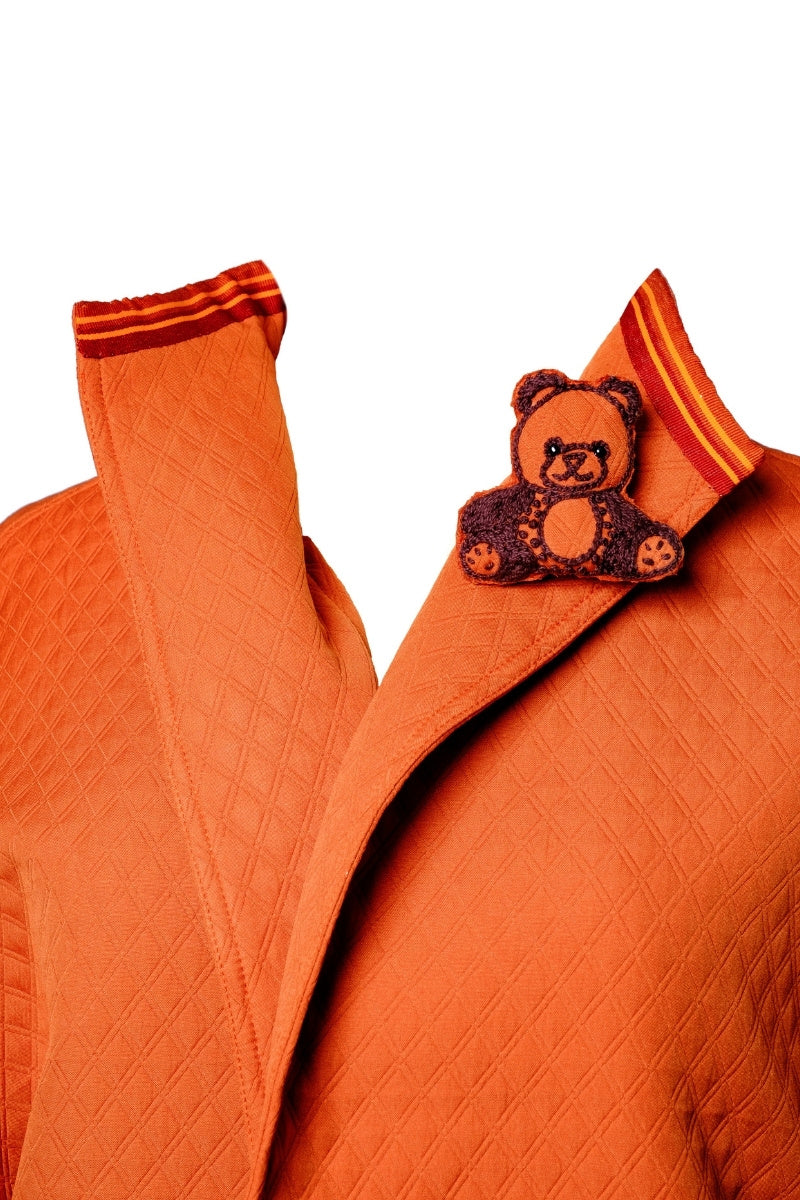 OTKUTYR - Tangerine Quilted Belted Coat with Asian Collar, buy at DOORS NYC