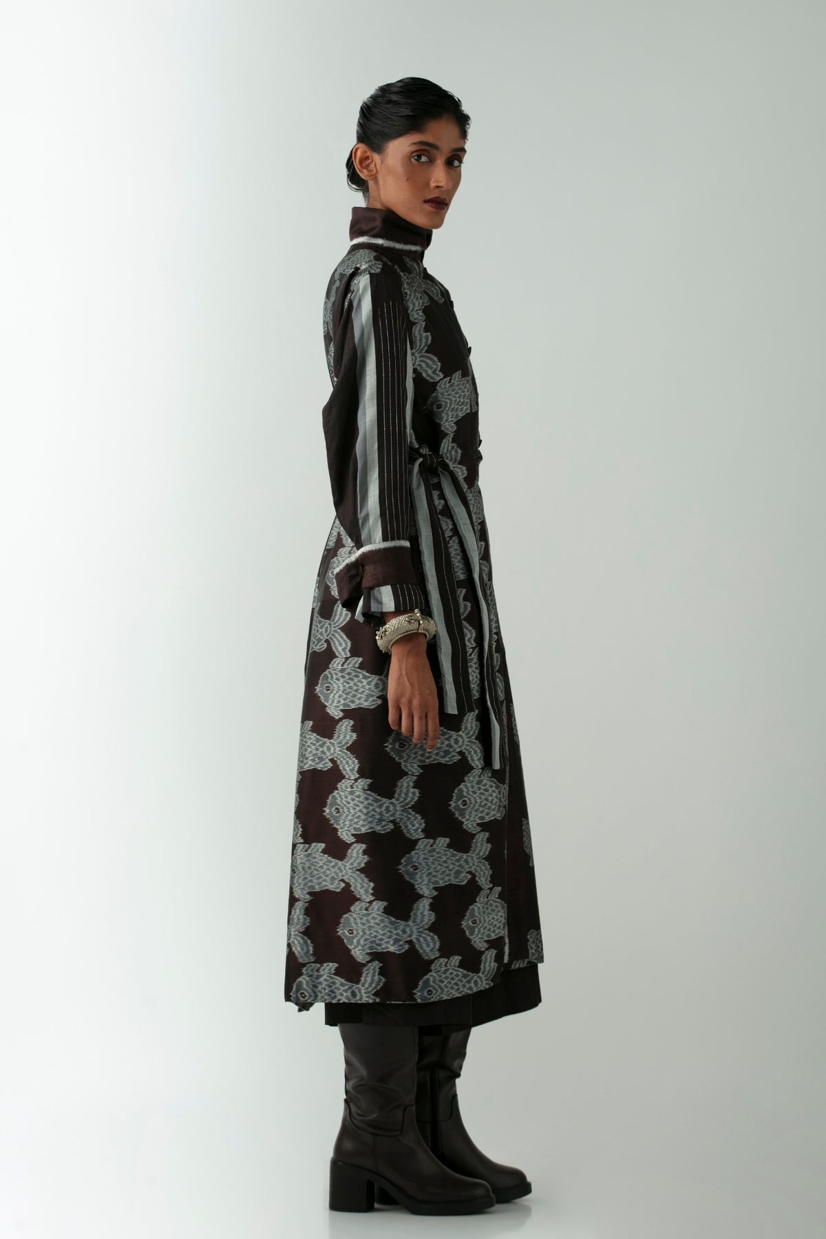 BOITO - Black Ikat Silk Coat with Silver Fish Motifs, buy at DOORS NYC