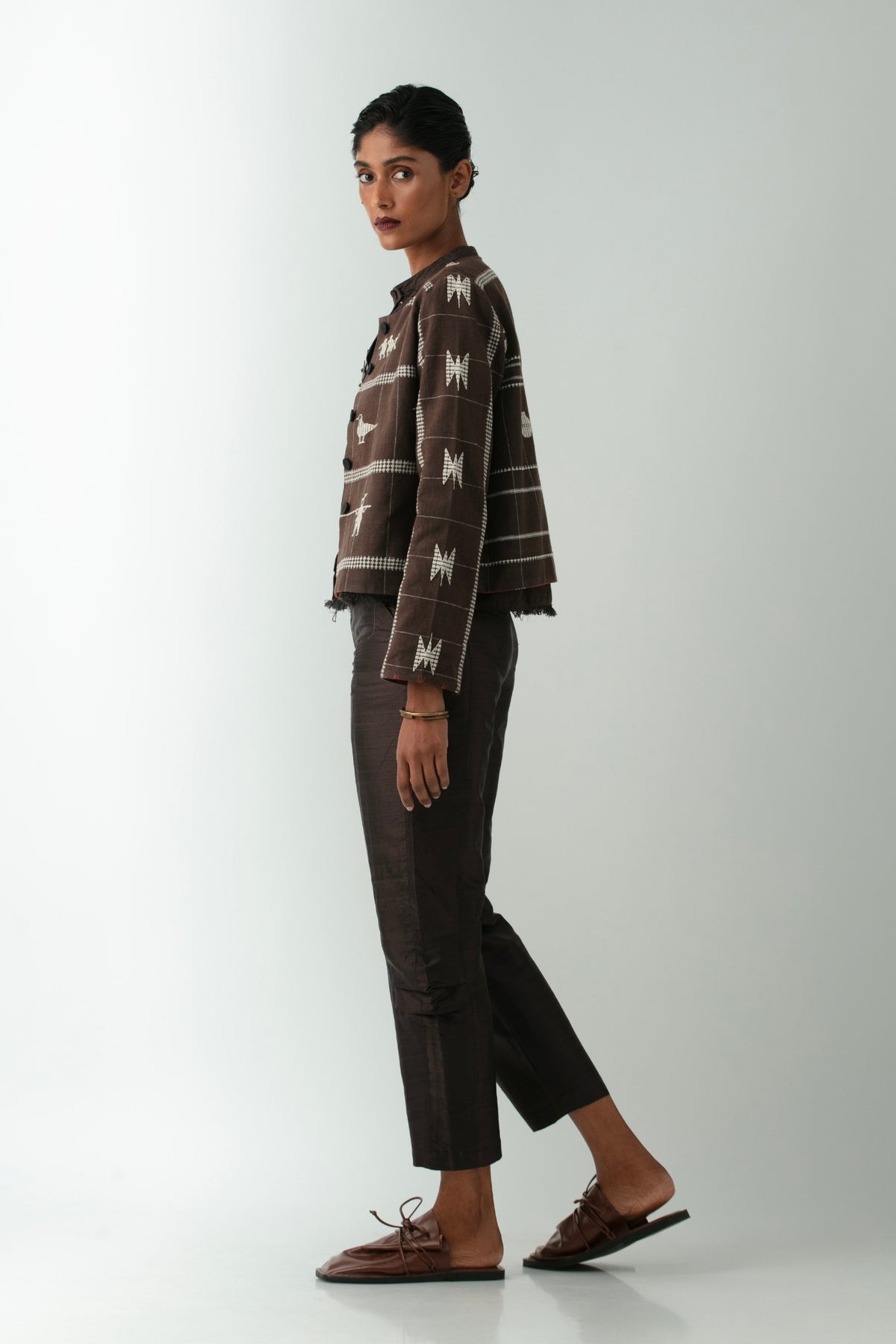 BOITO - Chocolate Brown Kotpad Short Jacket with Extra-Weft Motifs, buy at DOORS NYC