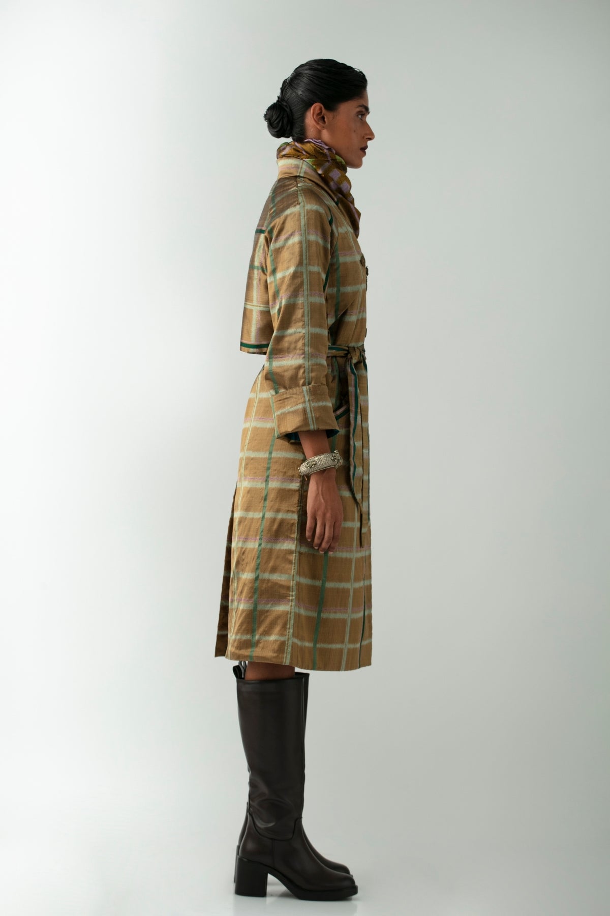 BOITO - Gold Chequered Ikat Silk Trench Coat, buy at DOORS NYC