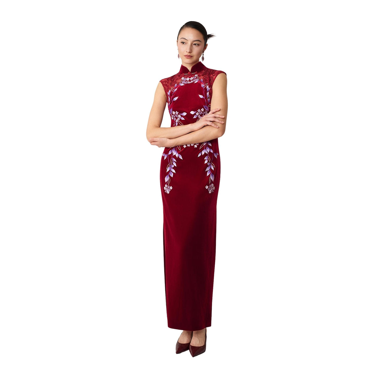 Burgundy Wisteria Backless Qipao