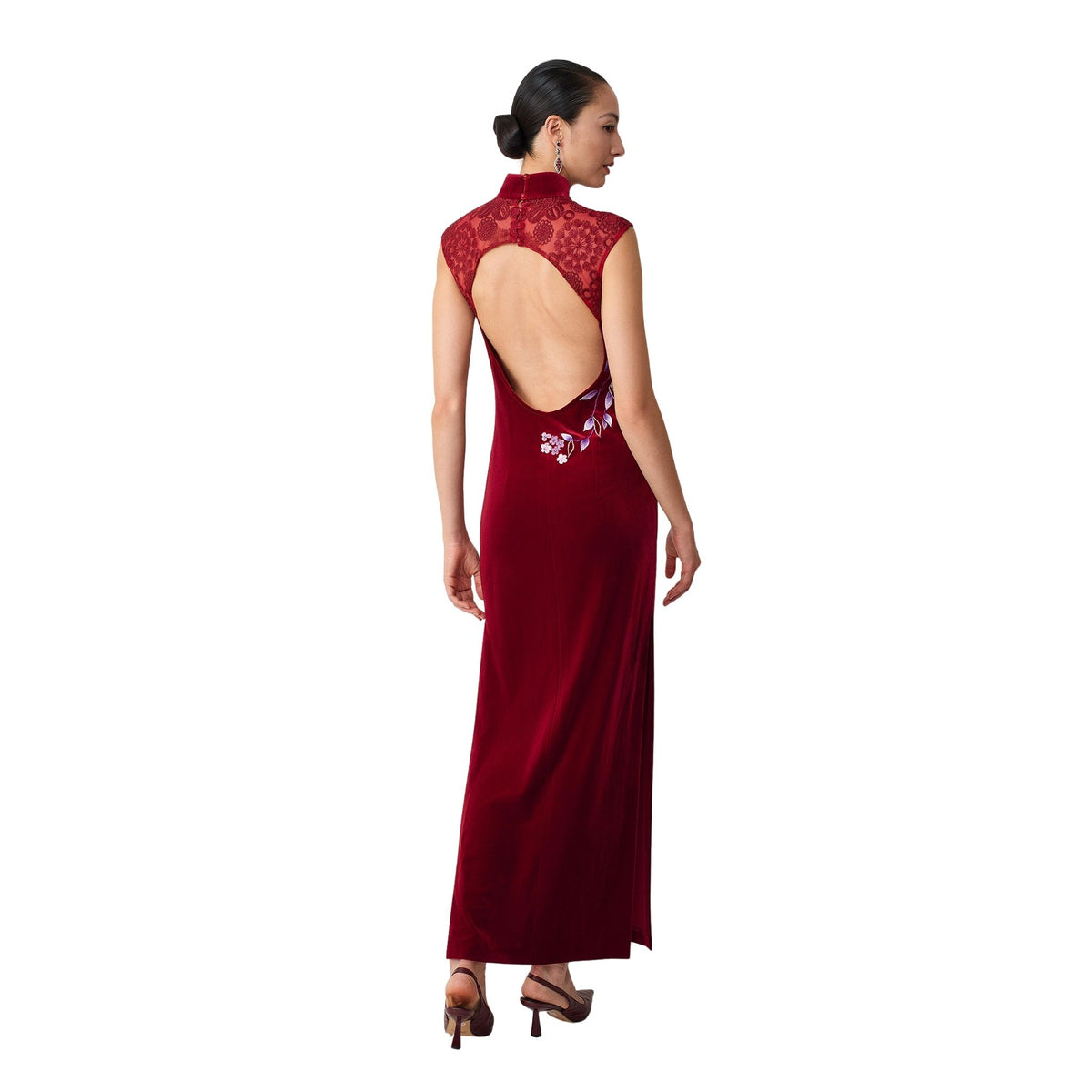 Burgundy Wisteria Backless Qipao