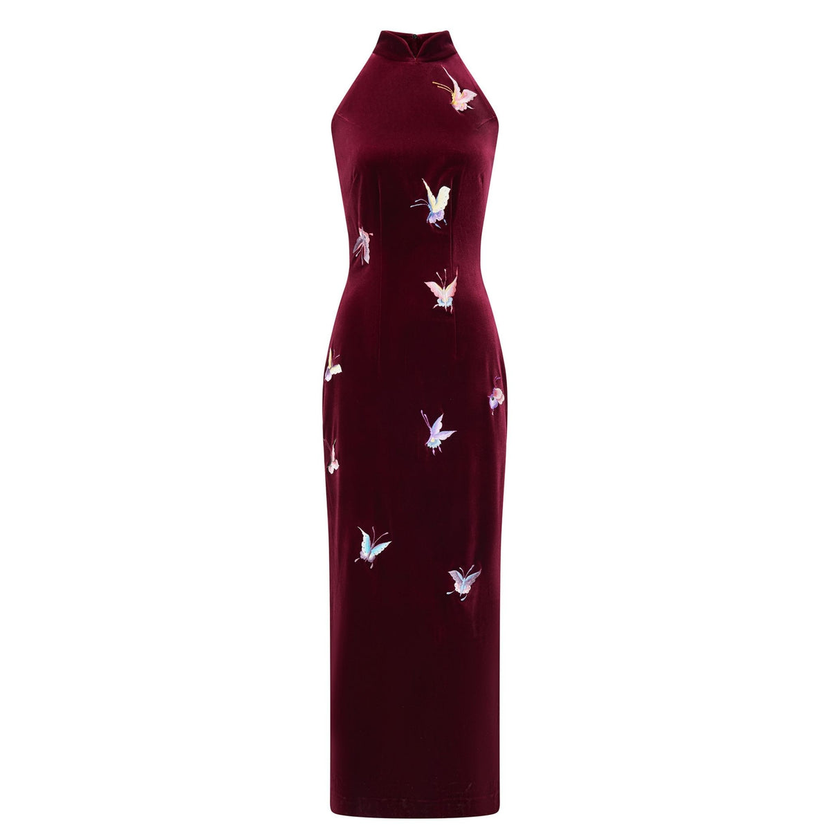 Burgundy Halter-Neck Butterfly Qipao