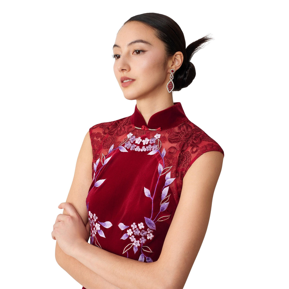 Burgundy Wisteria Backless Qipao
