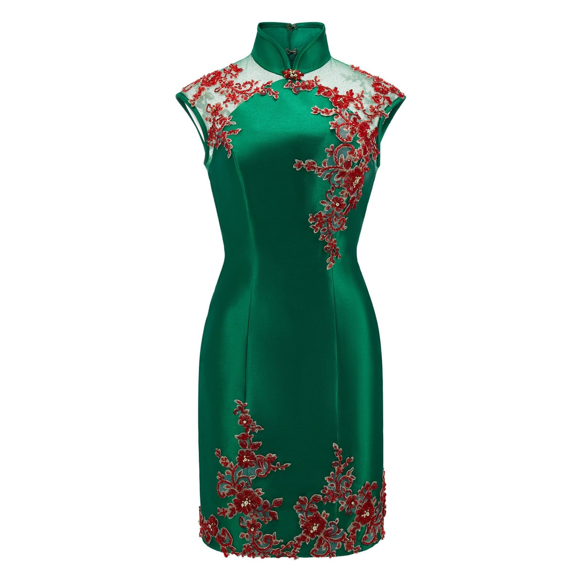 Green Beaded Rose Short Qipao