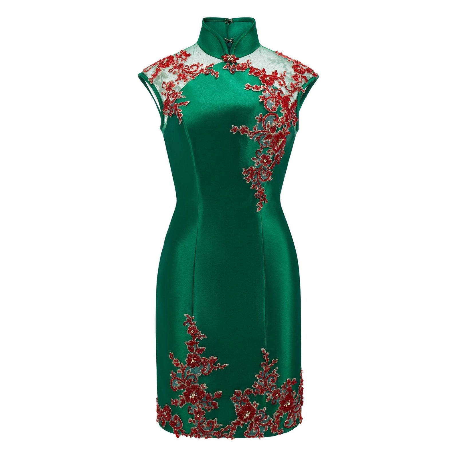 Green Beaded Rose Short Qipao
