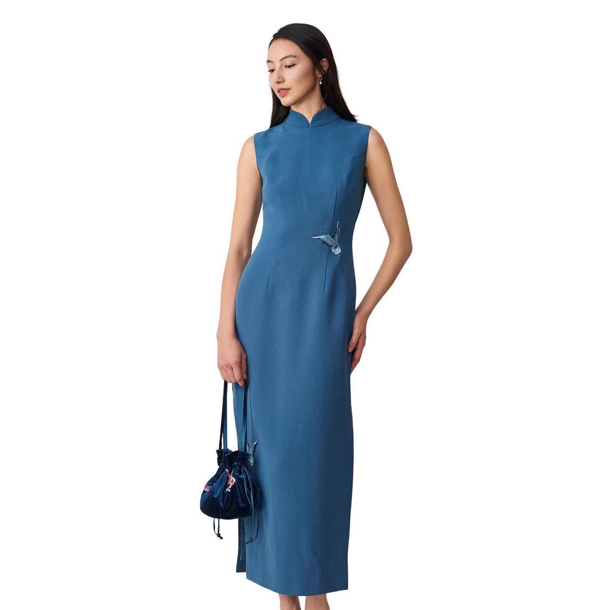 Blue Twin Butterfly Sleeveless Qipao